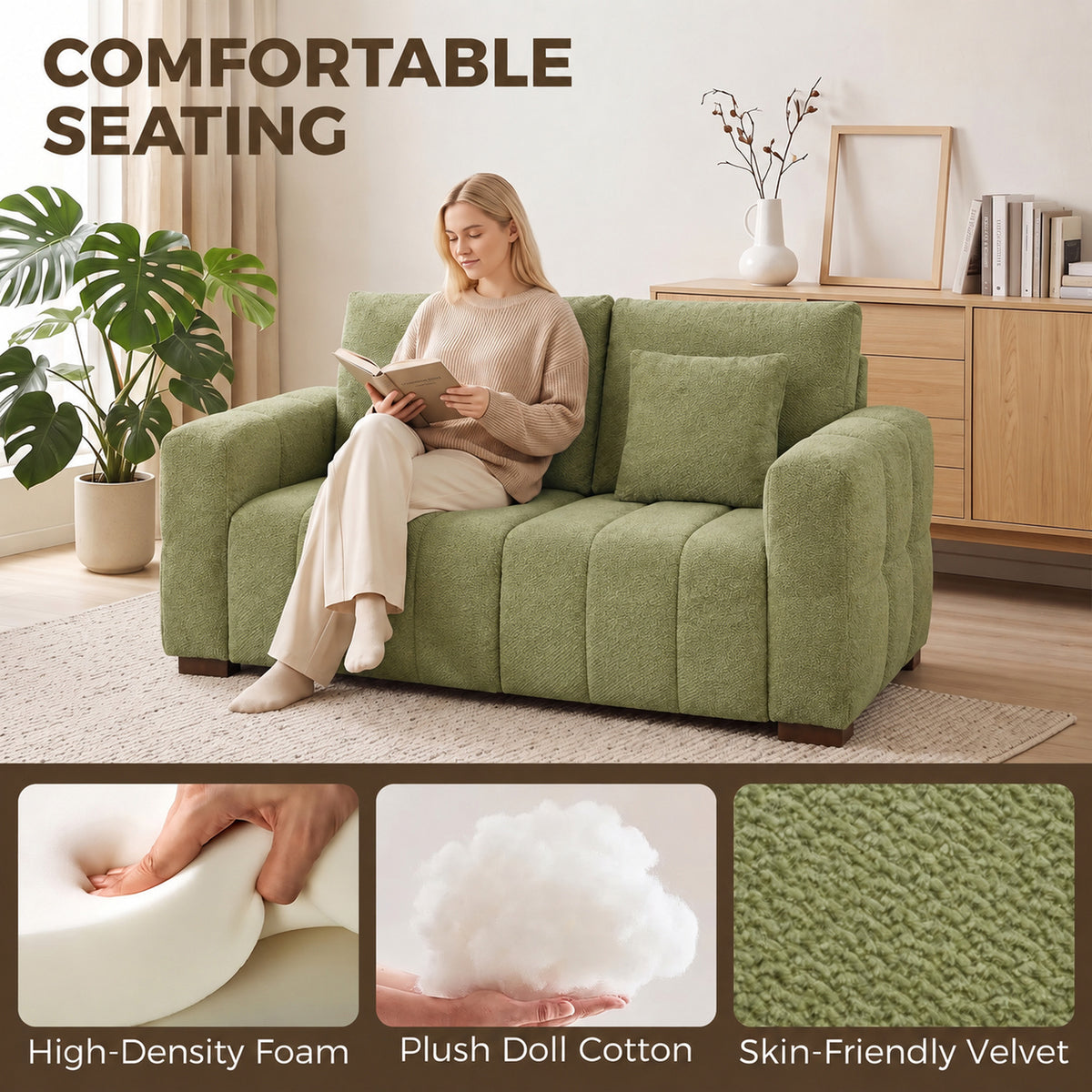 HOMCOM 2 Seater Sofa, Upholstered Velvet Small Couch for Bedroom with Pillows, Modern Sofa Settee with Padded Cushion and Wood Legs for Living Room, Green