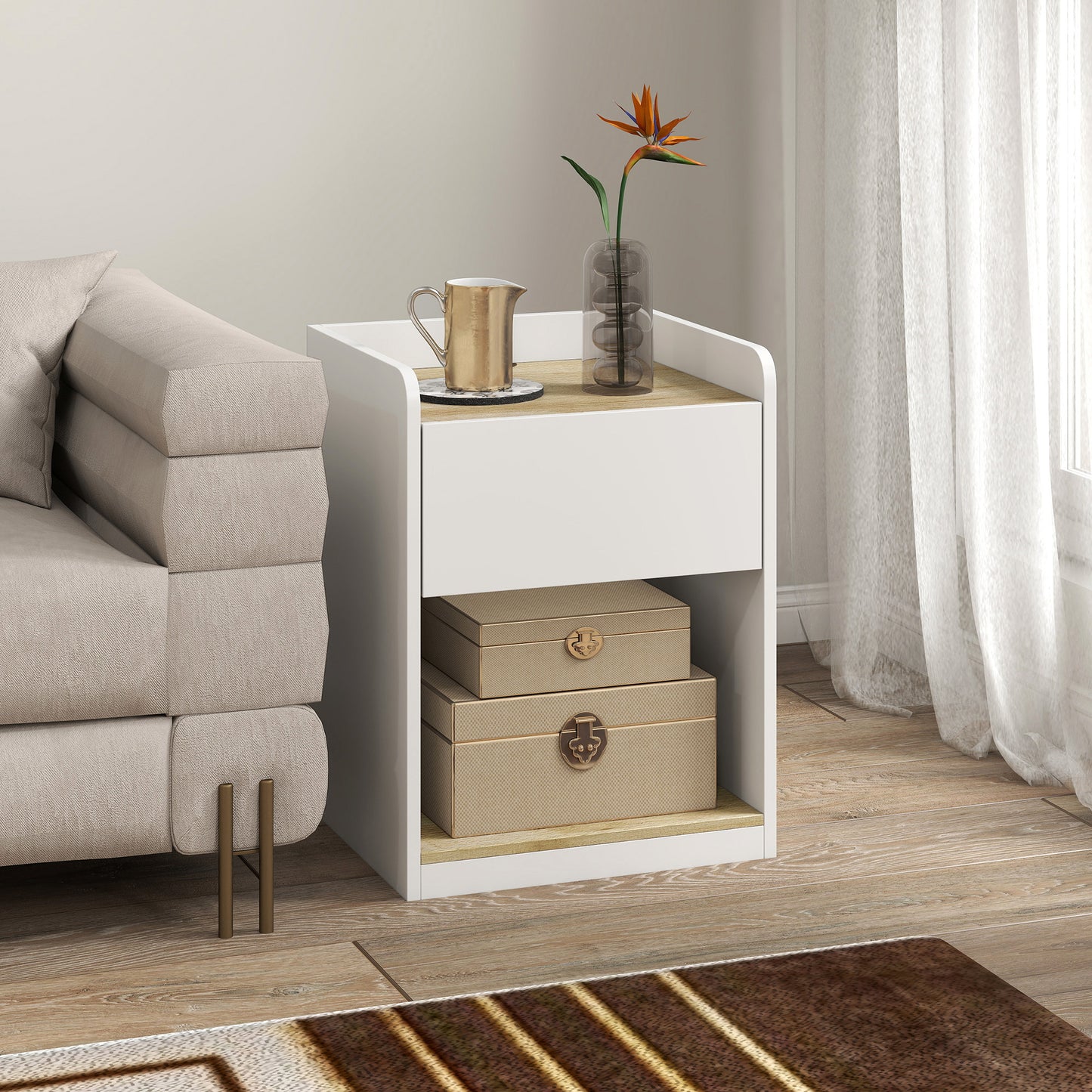 HOMCOM Modern Bedside Table, Slim Nightstand with Drawer, Shelf and Cable Holes, White and Oak