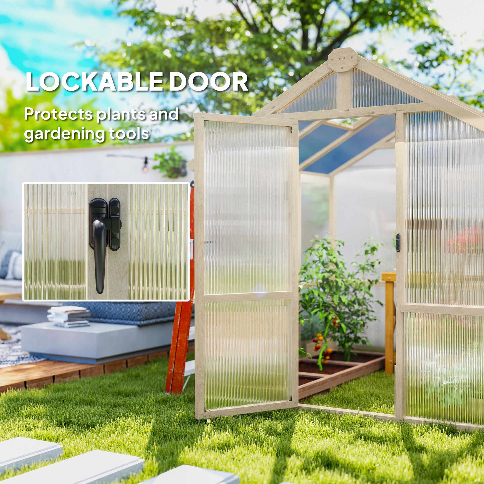 Outsunny 6.6 x 6ft Polycarbonate Greenhouse, Walk-in Wooden Greenhouse with Lockable Door and Window, Garden Plants Grow House, Brown