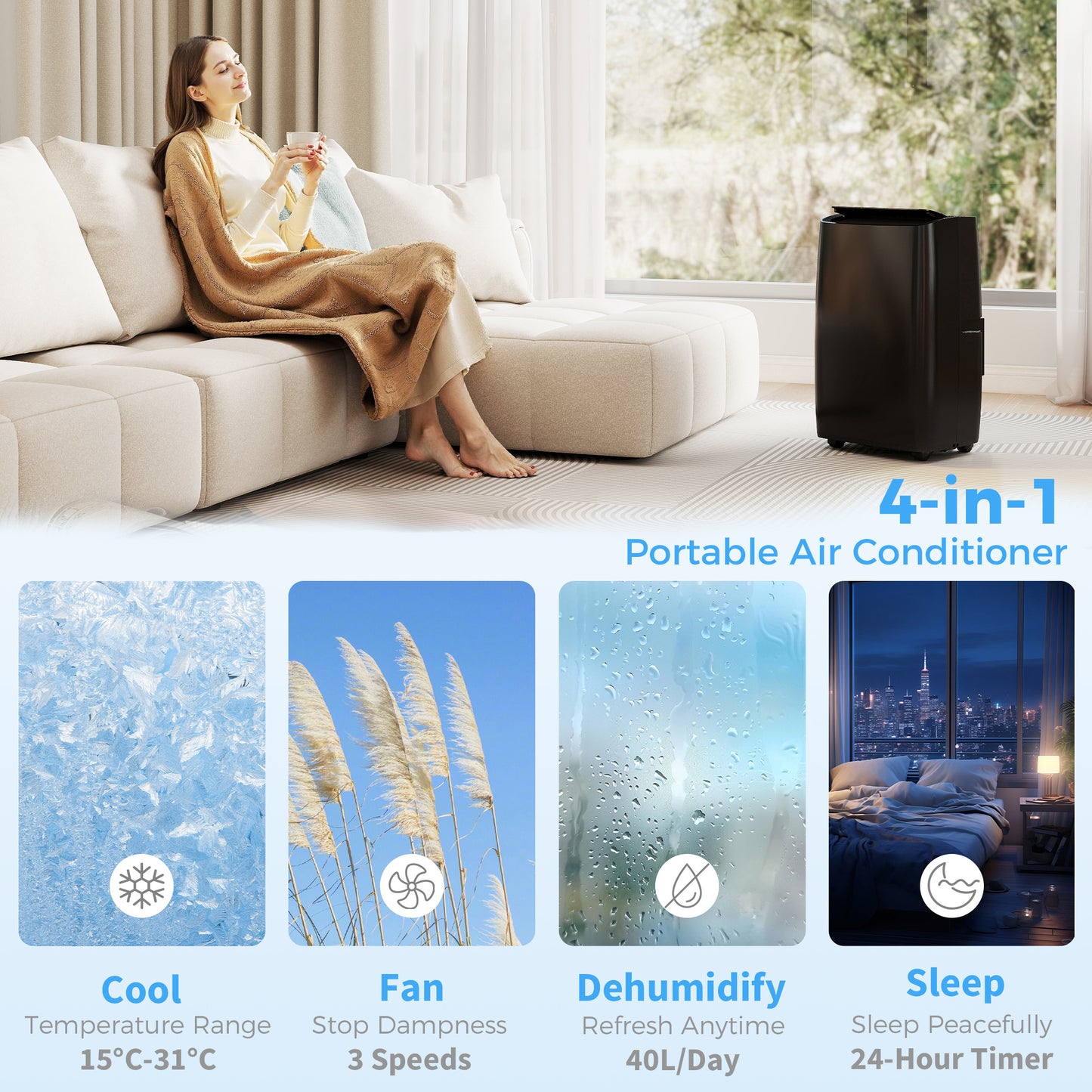 HOMCOM Portable Air Conditioner 14000 BTU, 4-in-1 Air Conditioning Unit, Dehumidifier, Cooling, Fan, Children Lock, 40mÂ²