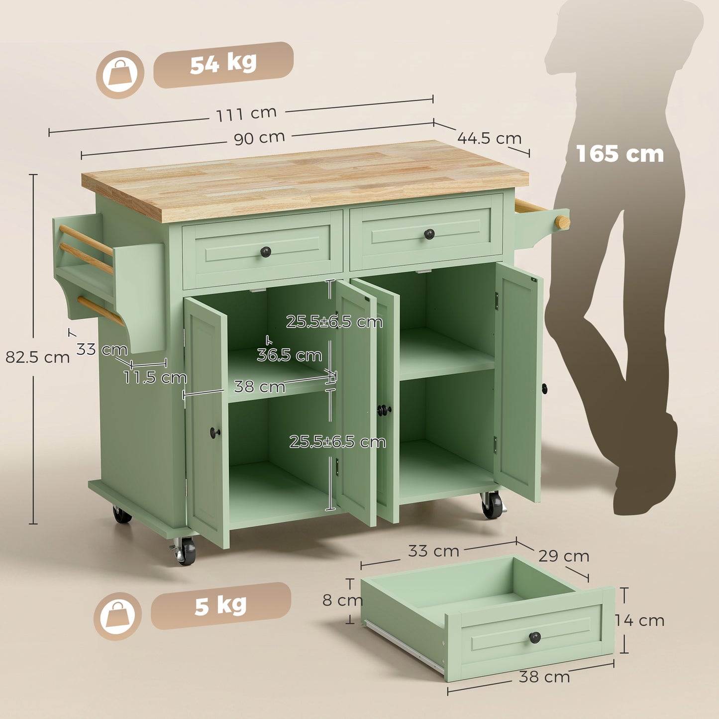 HOMCOM Rolling Kitchen Island Storage Trolley with Rubber Wood Top & Drawers for Dining Room, Light Green