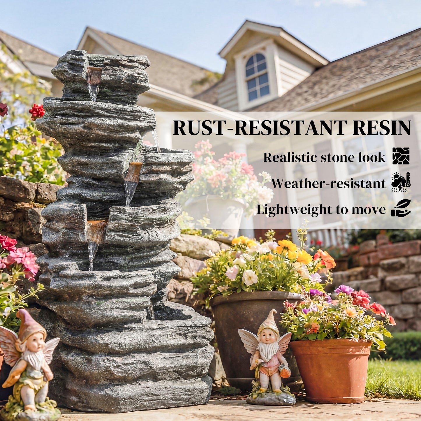 Outsunny Outdoor Fountain, 6-Tier Cascading Waterfall Feature with LED Lights, Resin Freestanding Garden Fountain, Grey