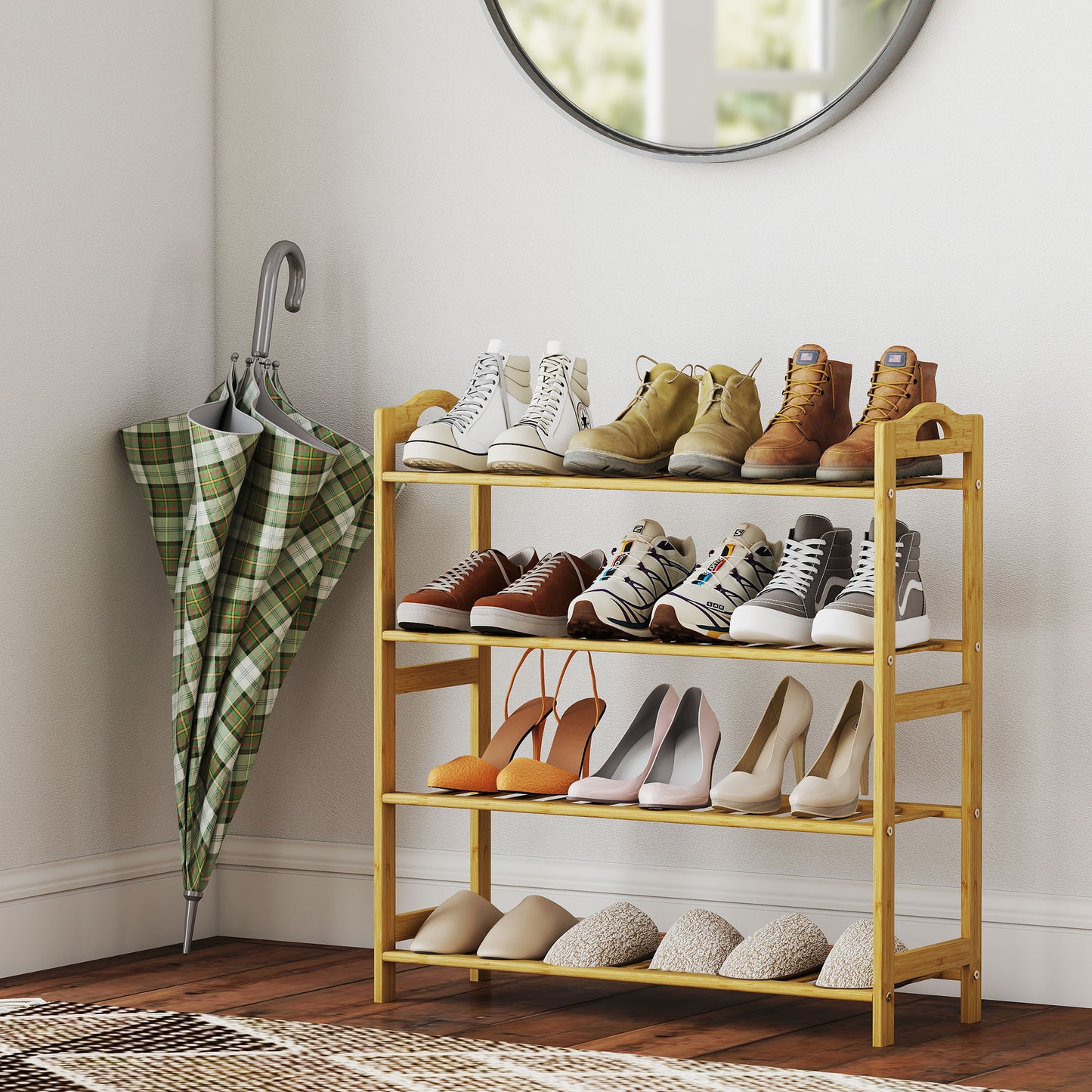 HOMCOM Freestanding Bamboo Shoe Rack, 4-Tier Shoe Shelf Stand for Hallway, Living Room, Bedroom, Natural Wood Finish