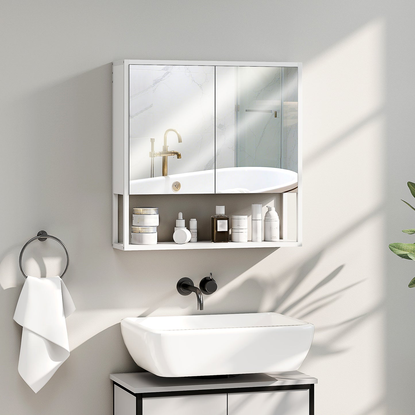 HOMCOM Bathroom Mirror Cabinet with Soft-Close Doors and Adjustable Shelf - White