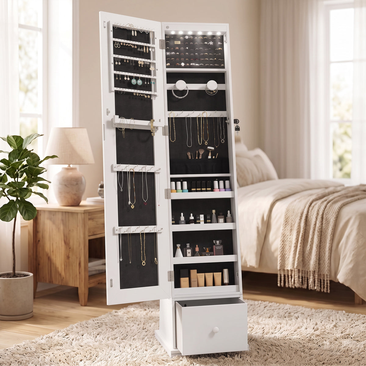 HOMCOM Swivel Jewelry Cabinet with LED Lights, Lockable Standing Full Length Mirror with Storage, 3-Colour Dimmable, White