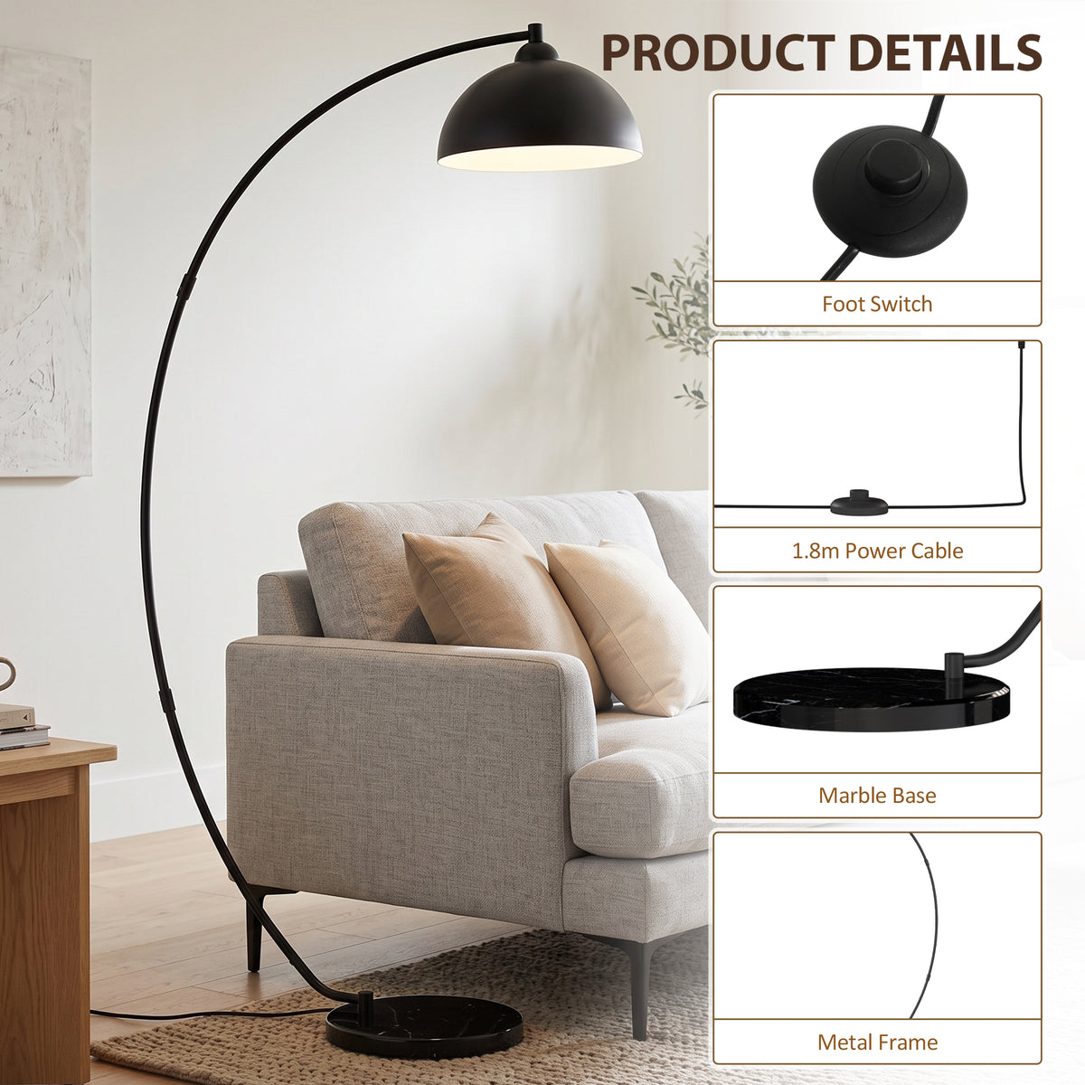 HOMCOM C-Shaped Floor Lamp, Modern Standing Lamp with Bowl-Shaped Reflective Shade, Foot Switch and Marble Base, Black
