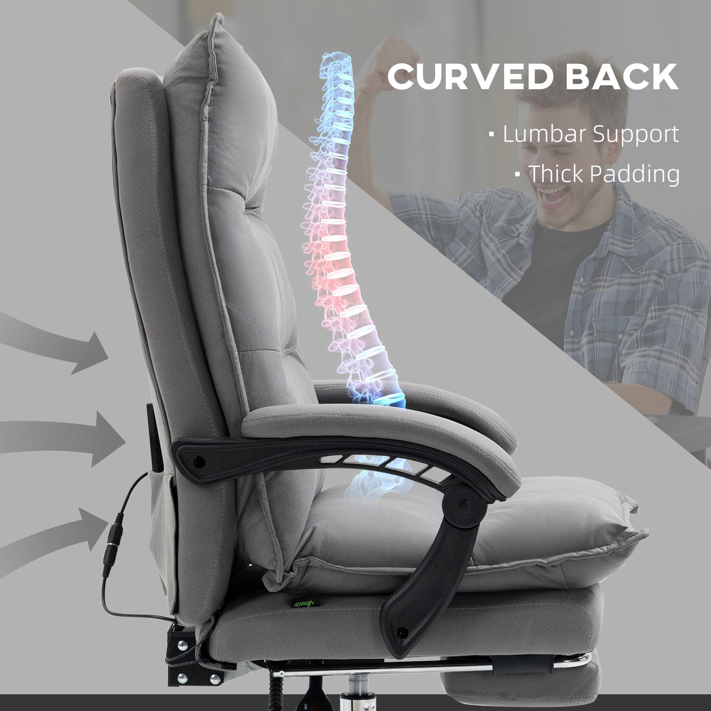 Vinsetto Massage Office Chair with Footrest, Desk Chair with 6 Point Massage and Heat, 155Â° Reclining Back for Home, Thick Padding, Grey