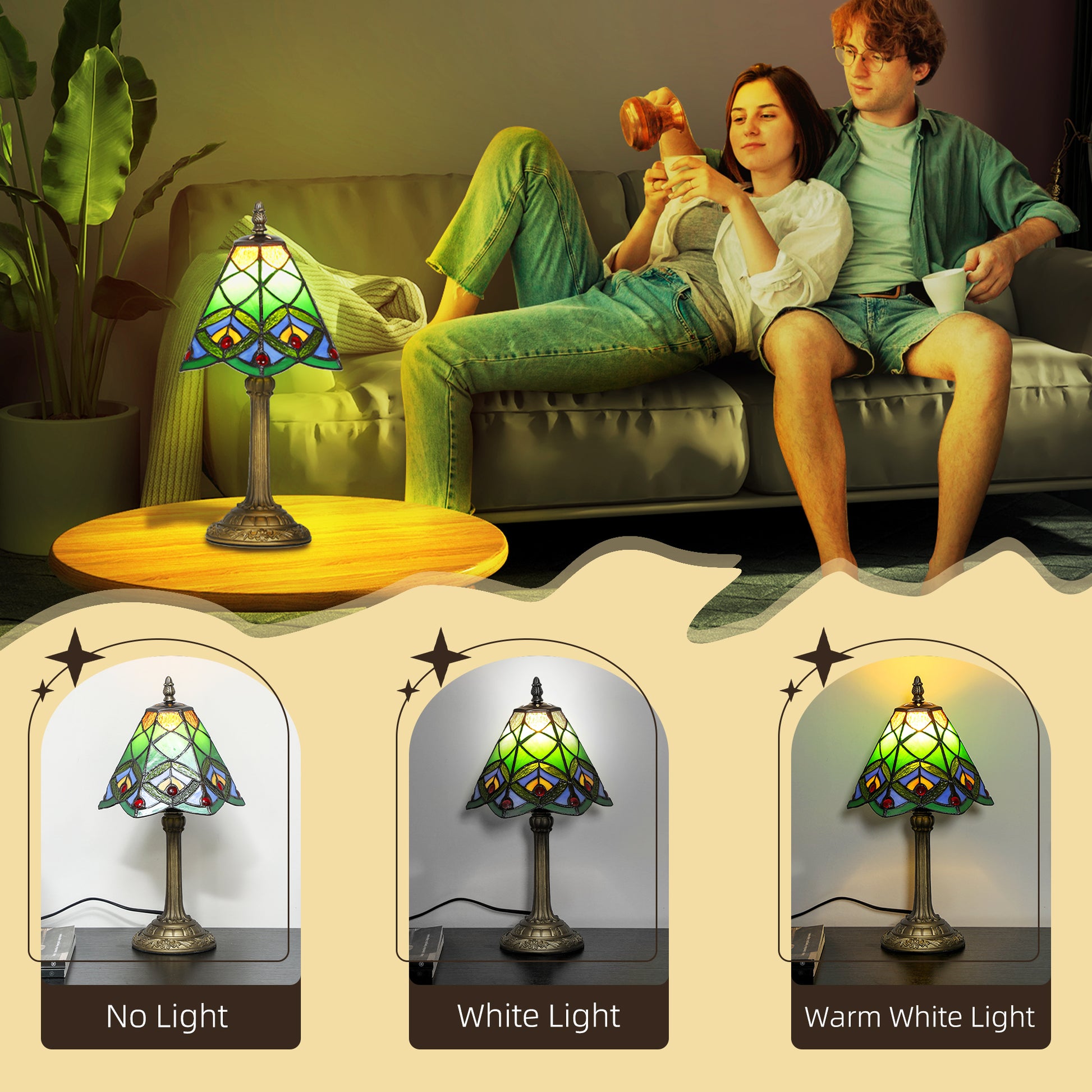 HOMCOM Tiffany-Style Table Lamp with Geometric Patterns, Handcrafted Antique Stained Glass Bedside Lamp for Living Room and Bedroom, E27 Socket, Green