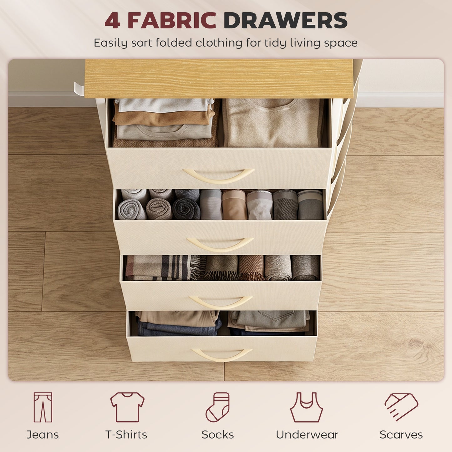 HOMCOM Chest of Drawers with 4 Fabric Drawers, Tall Storage Unit with 2 Hooks and Steel Frame for Bedroom, Beige