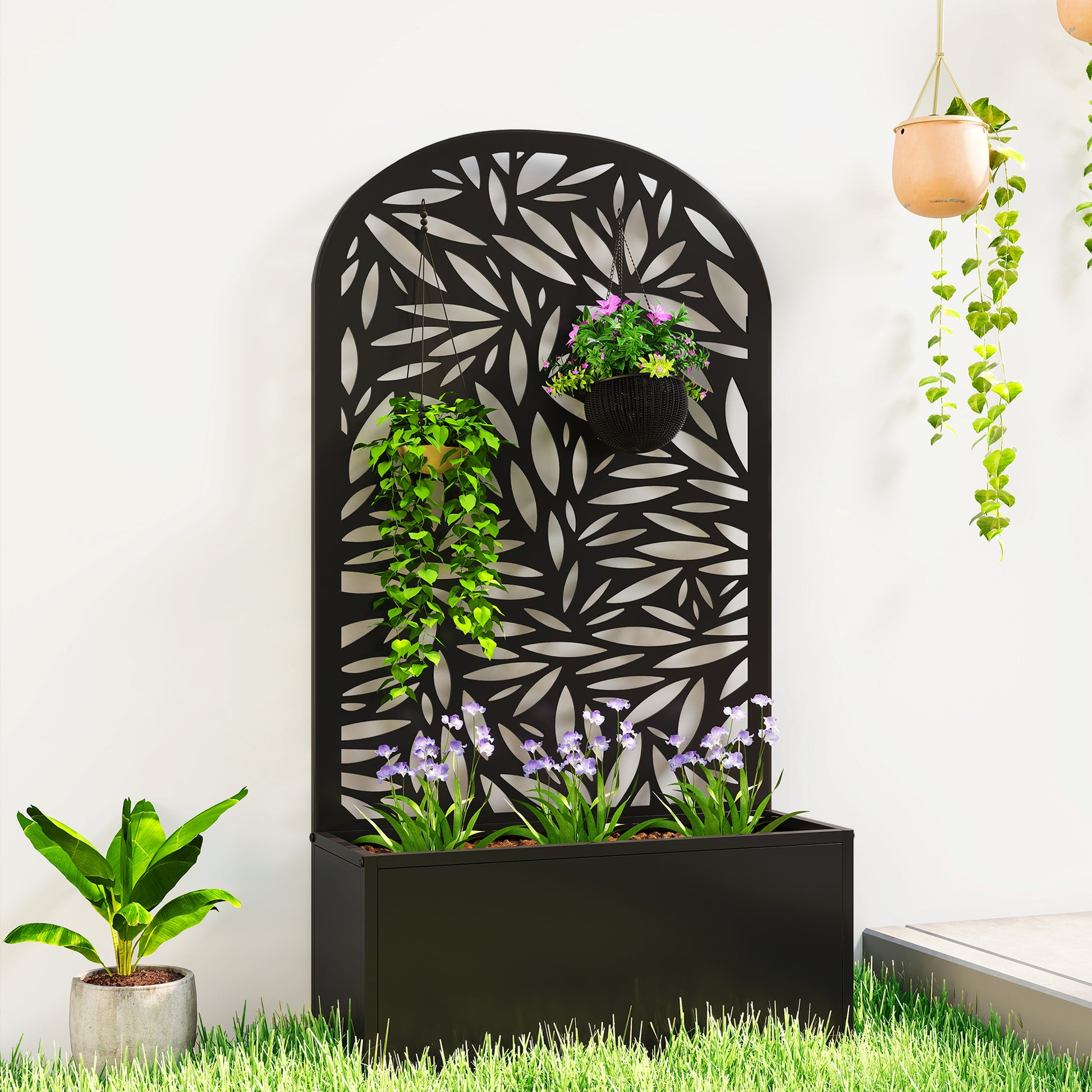 Outsunny Metal Garden Bed for Garden with Trellis, Wall Mounted or Freestanding Raised Planter with Curved Privacy Screen