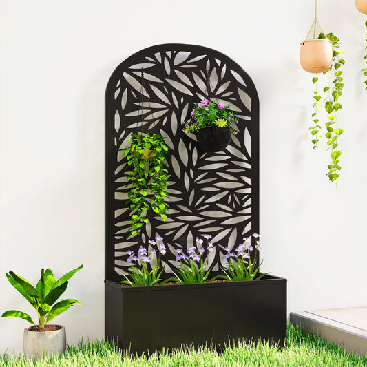 Outsunny Metal Garden Bed for Garden with Trellis, Wall Mounted or Freestanding Raised Planter with Curved Privacy Screen