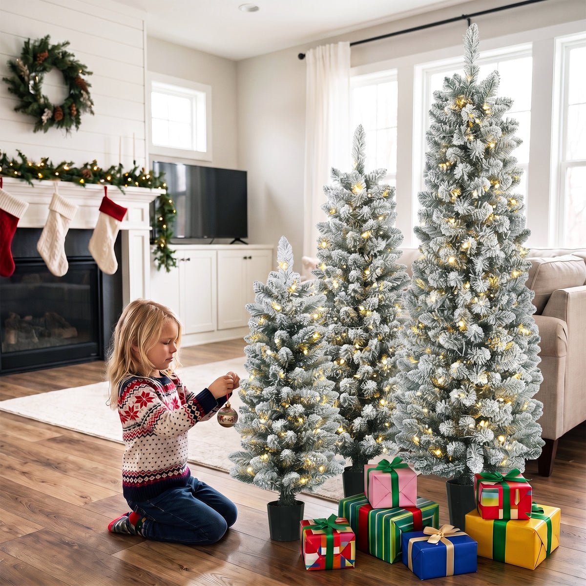 HOMCOM Prelit Snowy Flocked Artificial Christmas Tree Set of 3, Slim Xmas Tree with PVC Tips, 3FT+4FT+5FT