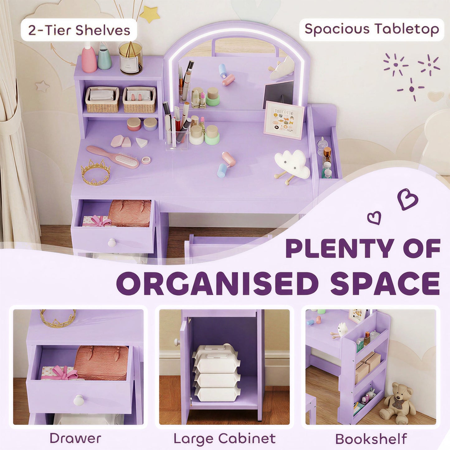 AIYAPLAY Kids Vanity Table and Chair Set, Girls Dressing Table with 2-Colour LED Mirror, Stool, Cabinet, Drawer, Shelves, Purple
