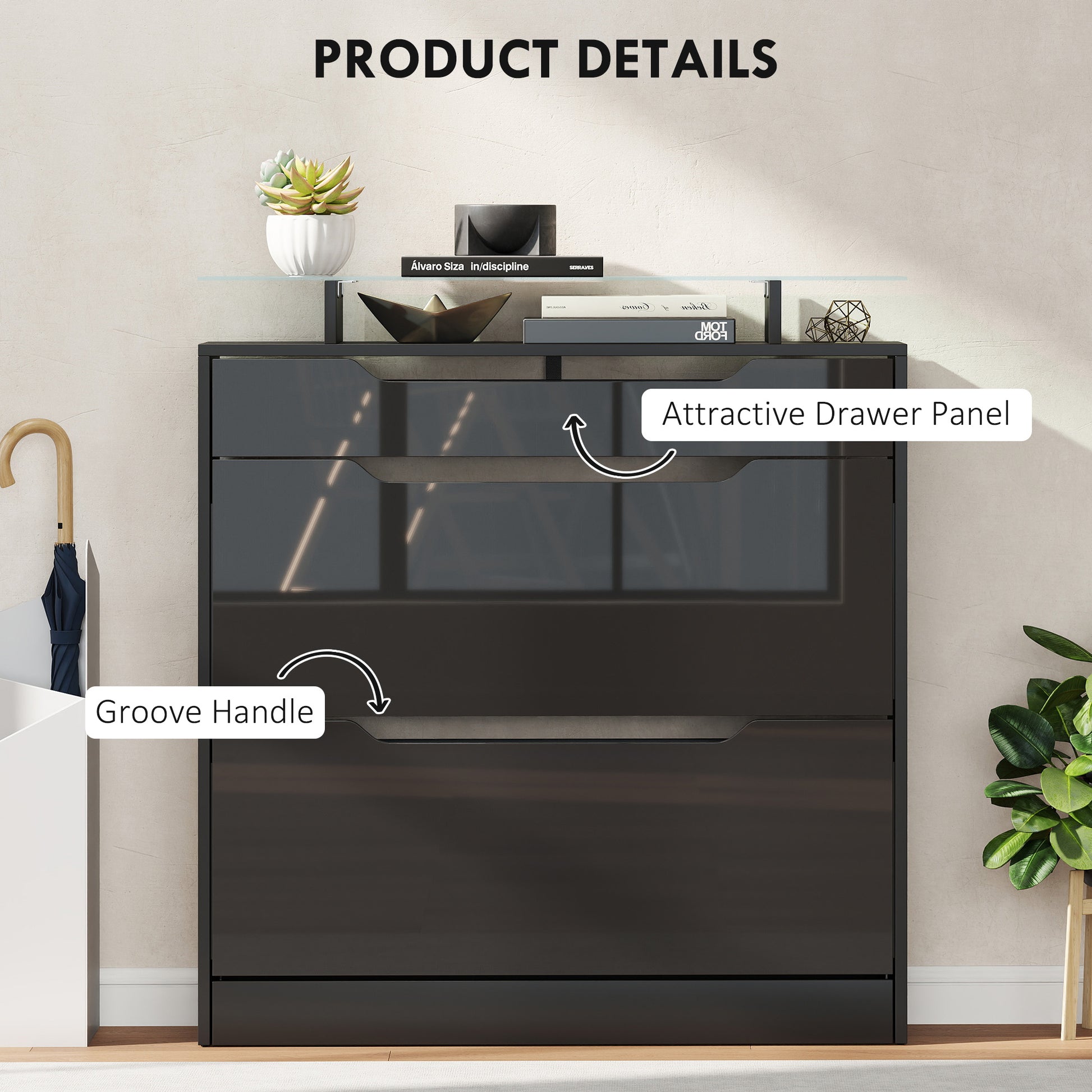 HOMCOM Shoe Storage Cabinet with Slide Out Drawer, 2 Flip Doors, Tempered Glass Top - Black