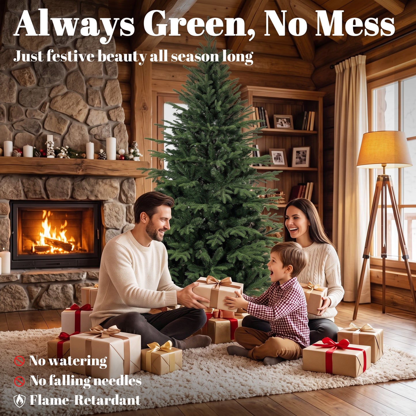 HOMCOM 7ft Artificial Christmas Tree Full Hinged Xmas Tree Solid Pine Wood Stand, Green