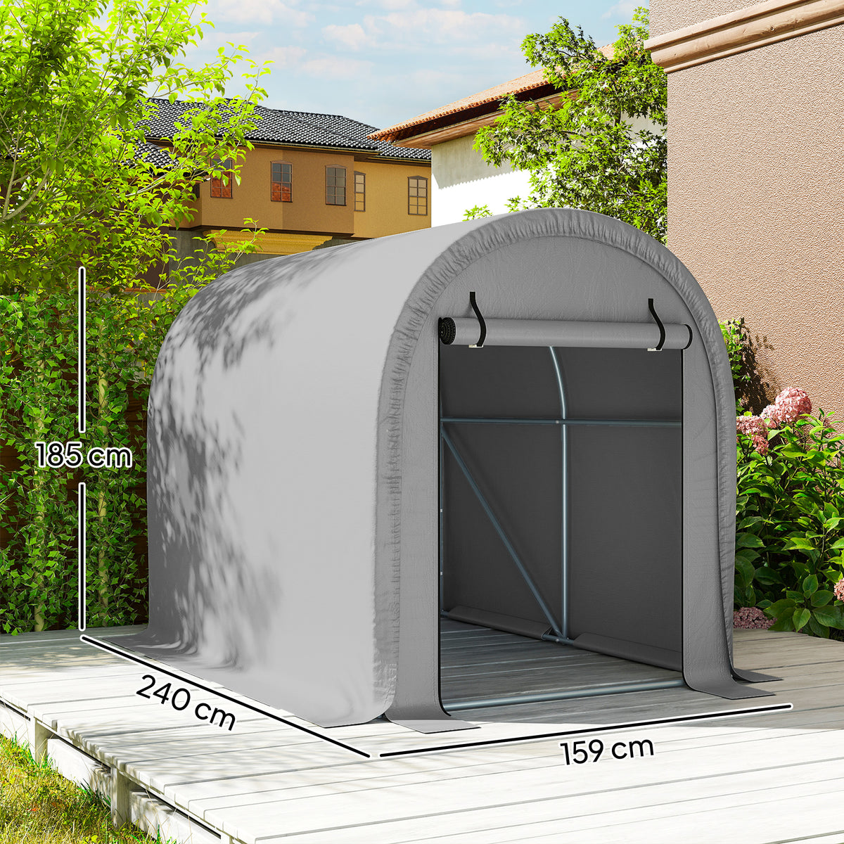 Outsunny 1.6 x 2.4m Garden Storage Shed Tent, Waterproof Bike Shed with Roll-up Zipper Door, Galvanised Metal Frame, Light Grey