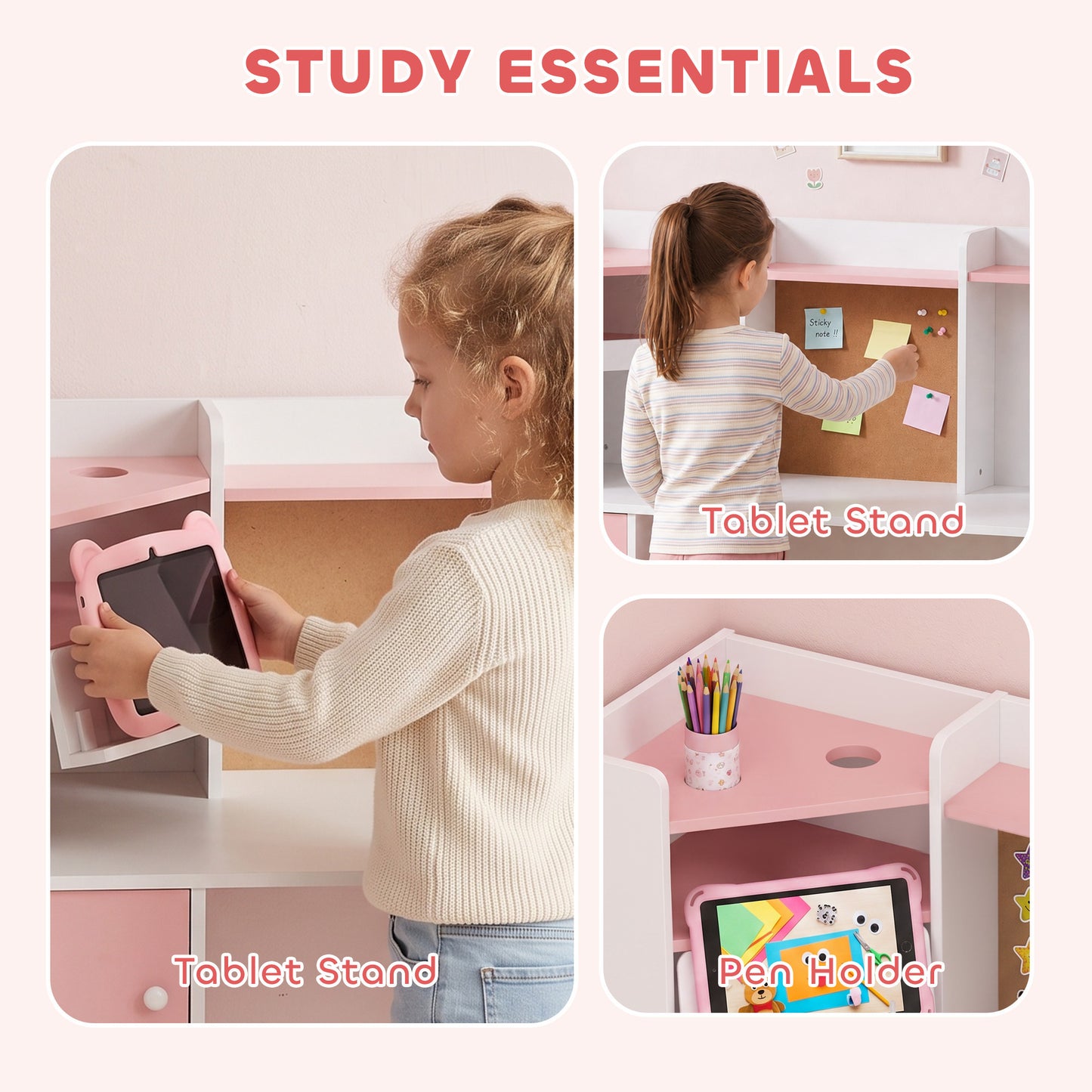 AIYAPLAY Kids Desk and Chair Set Storage Shelves Kids Desk Adjustable Tablet Stand Cork Board Pen Holder Pink