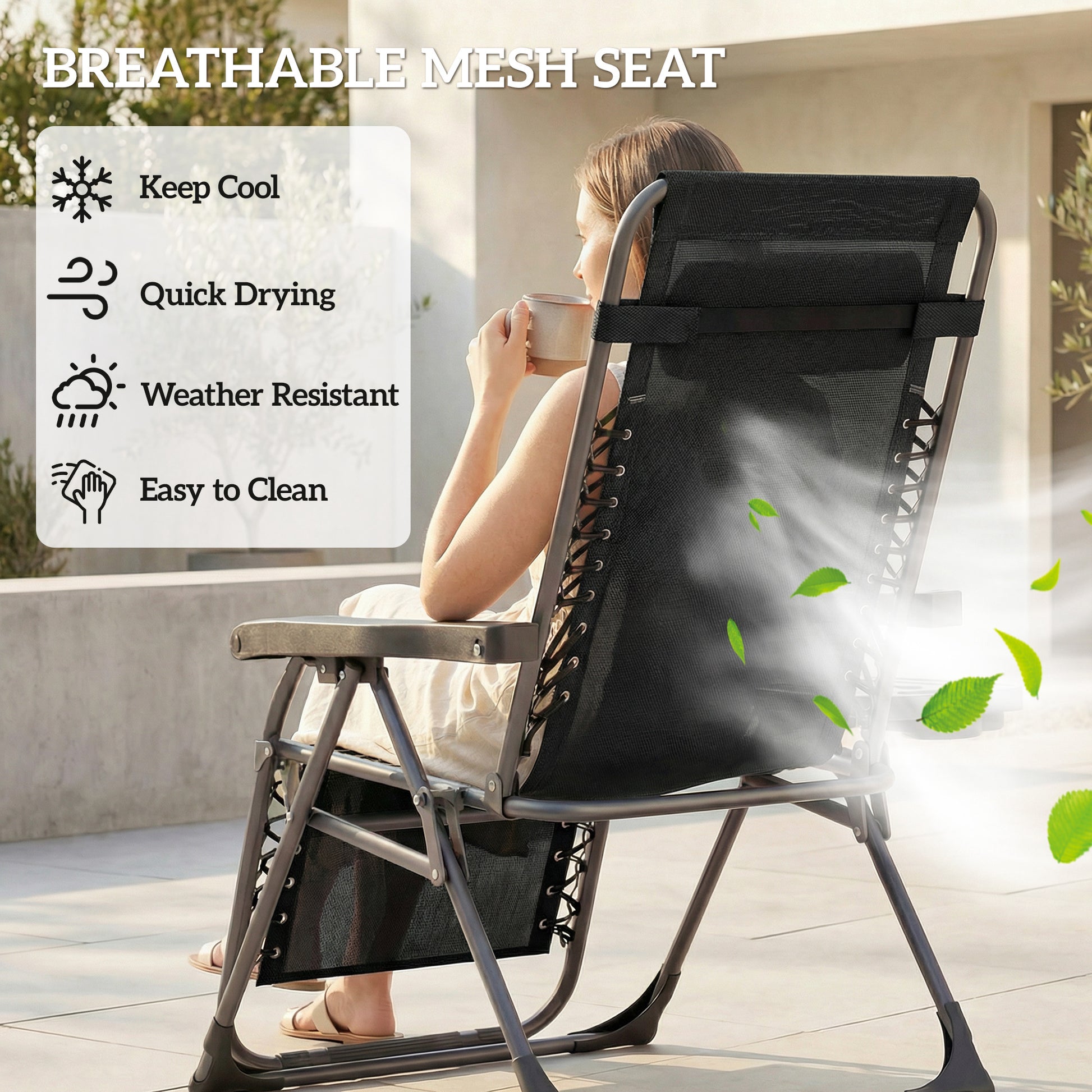 Outsunny Zero Gravity Chairs Set of 2, Folding Sunloungers Reclining Garden Chairs with Cup Holder, Headrest, Black