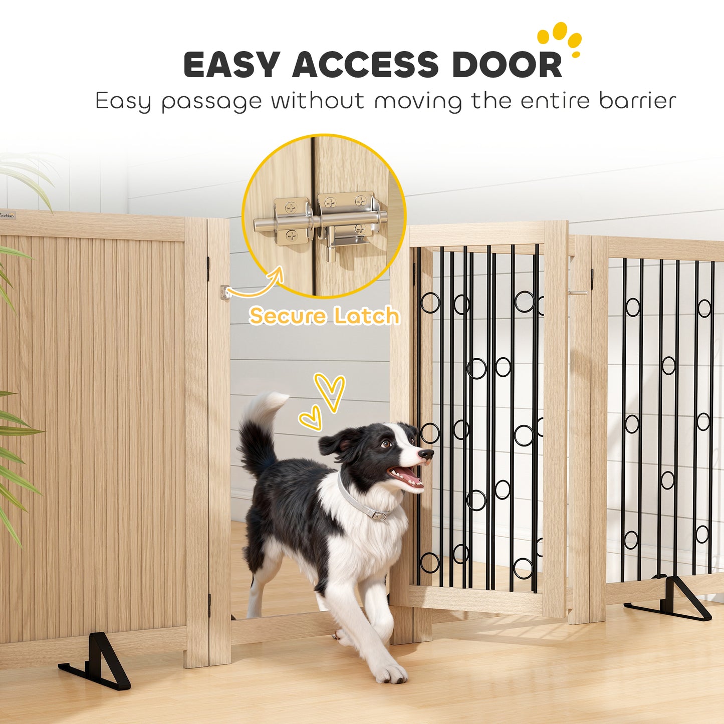 PawHut 4 Panel Freestanding Pet Gate, Indoor Dog Barrier with Lockable Door, Support Feet, 360Â° Flexible Hinges, Oak