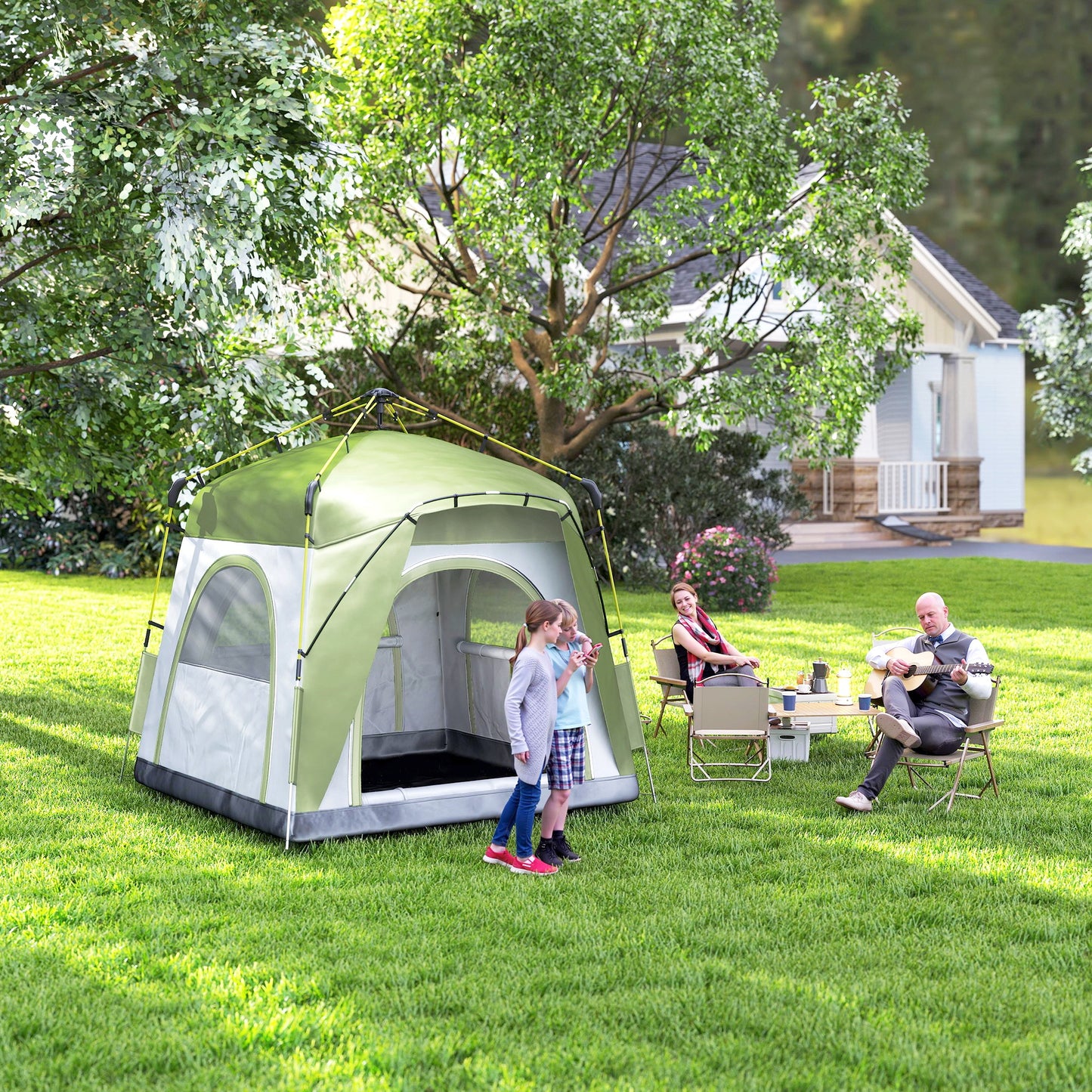 Outsunny Instant Pop Up Camping Tent, 4 Man Dome Tent with 4 Doors, Sewn-in Groundsheet, Carry Bag and Top Hook for Fishing Hiking Festival, Green