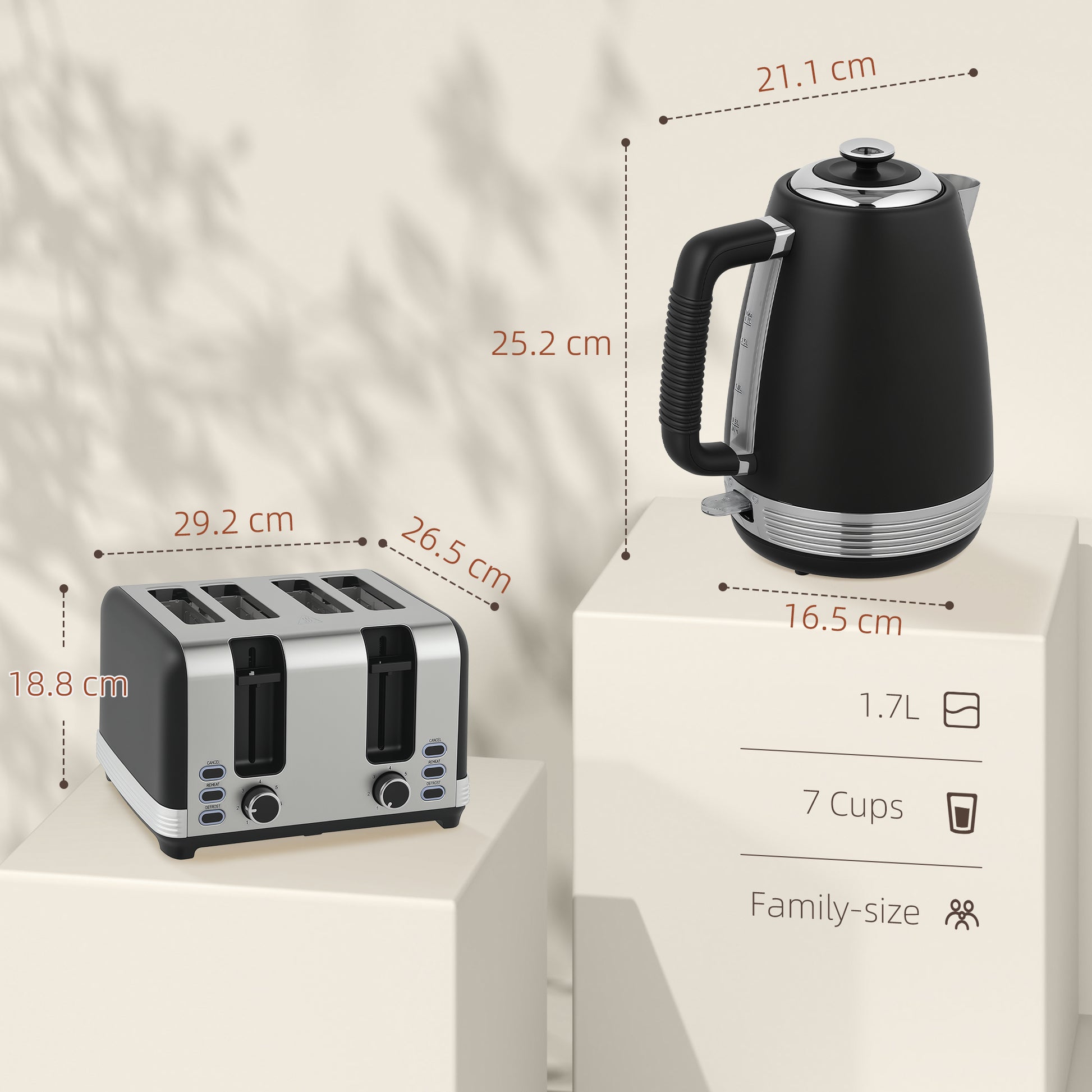 HOMCOM Stainless Steel Panel Kettle and Toaster Set - Black