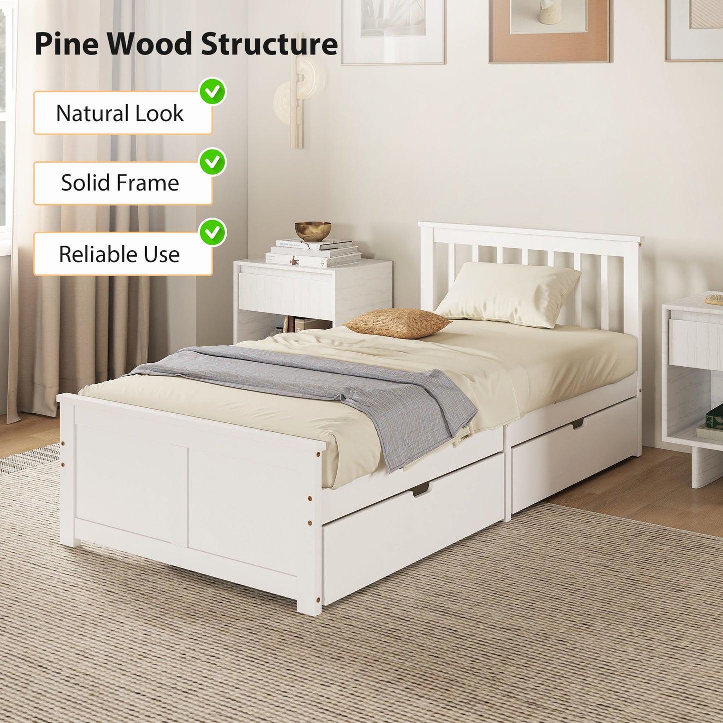 HOMCOM Wooden Single Bed Frame, with Drawers - White