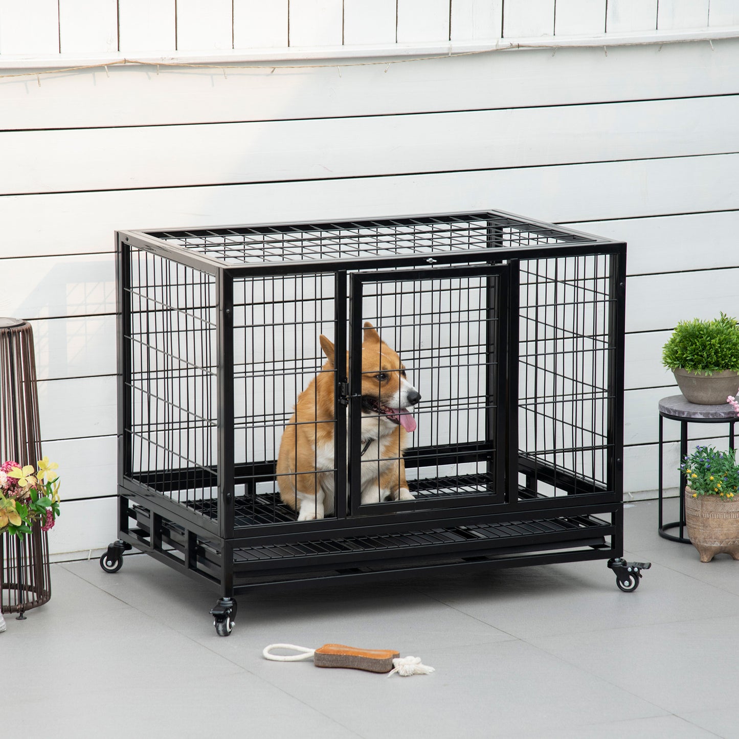 PawHut 36" Heavy Duty Metal Dog Crate Pet Cage with Tray Wheeled Dog Kennel - Black (Medium)