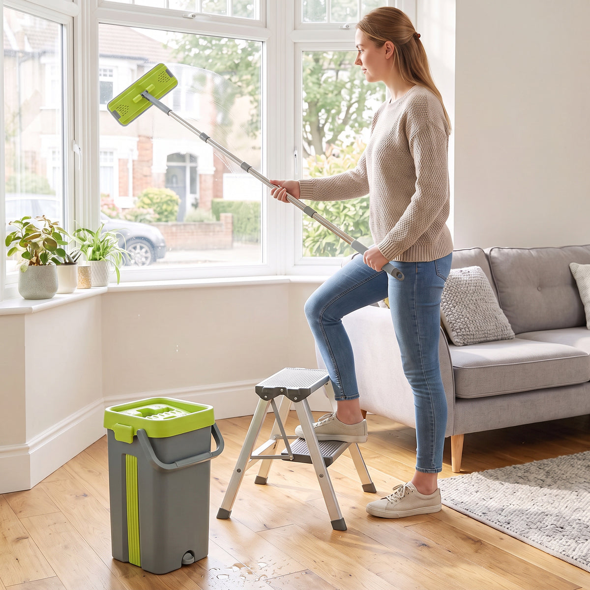 HOMCOM Mop and Bucket Set, Compact Flat Mop System with Wringer, 2 Chambers, 5 Reusable Pads, Dark Grey and Green