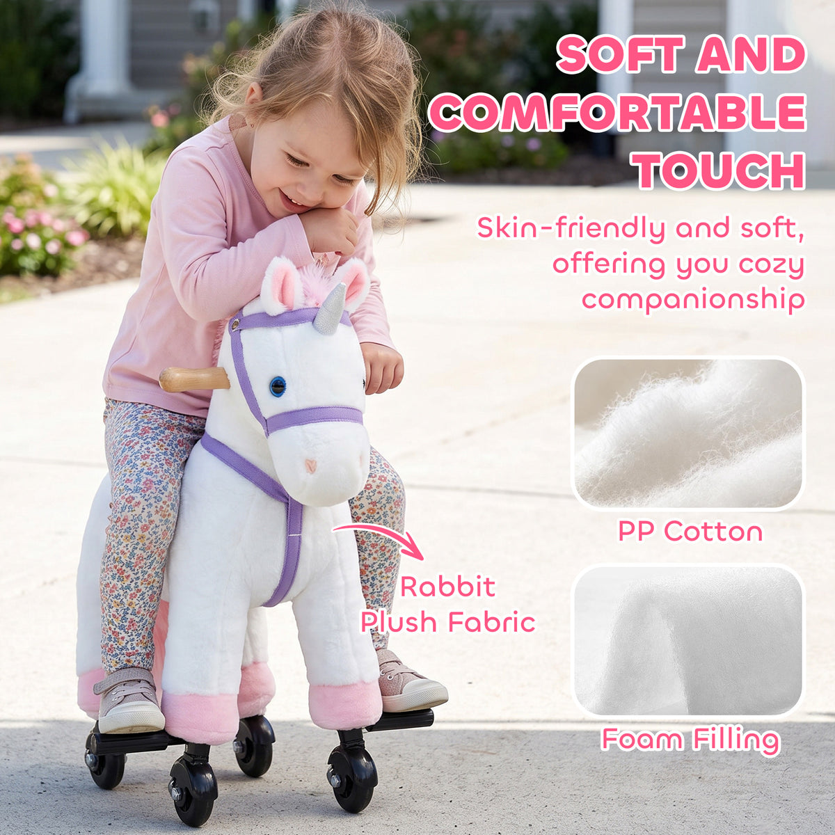 AIYAPLAY Unicorn Rocking Horse, Plush Ride On Horse with Hoof and Neighing, Rolling Wheels and Pedal for 3-8 Y, Up to 50kg, White