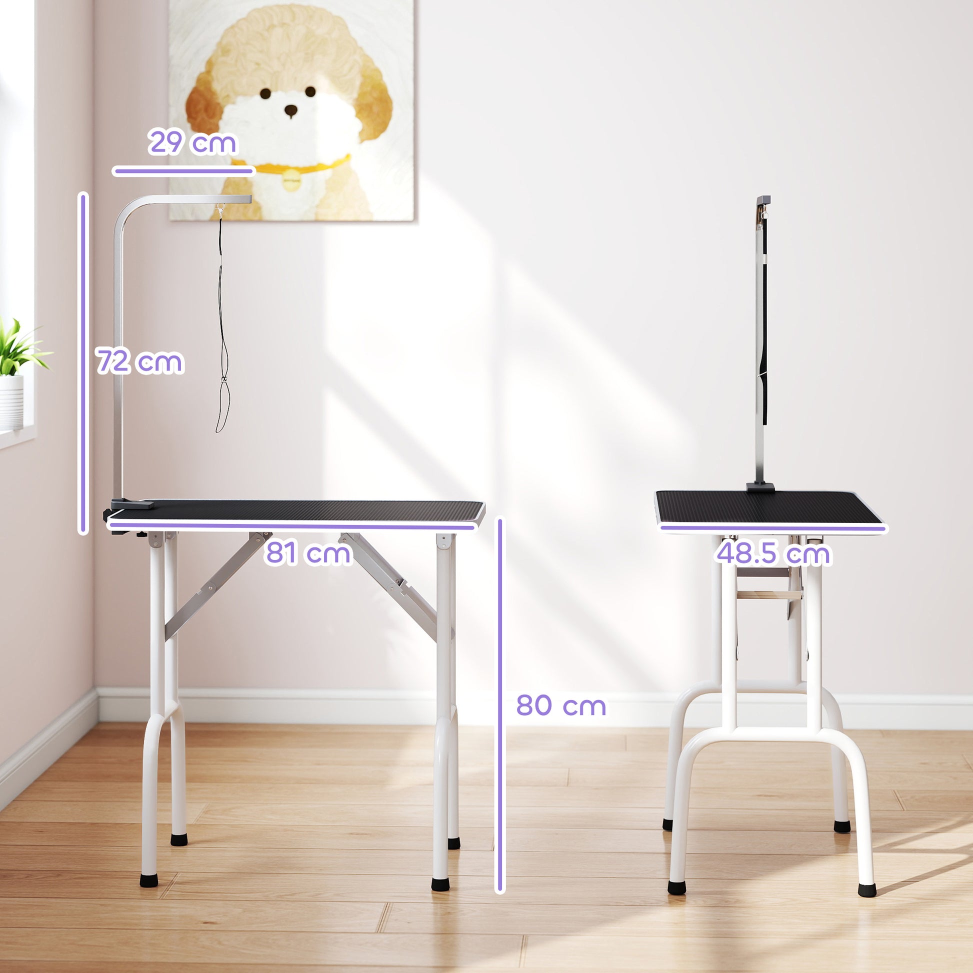 PawHut 32" Foldable Dog Grooming Table Pet Drying Beauty Table Adjustable Fixed Arm Rubber Top, Black