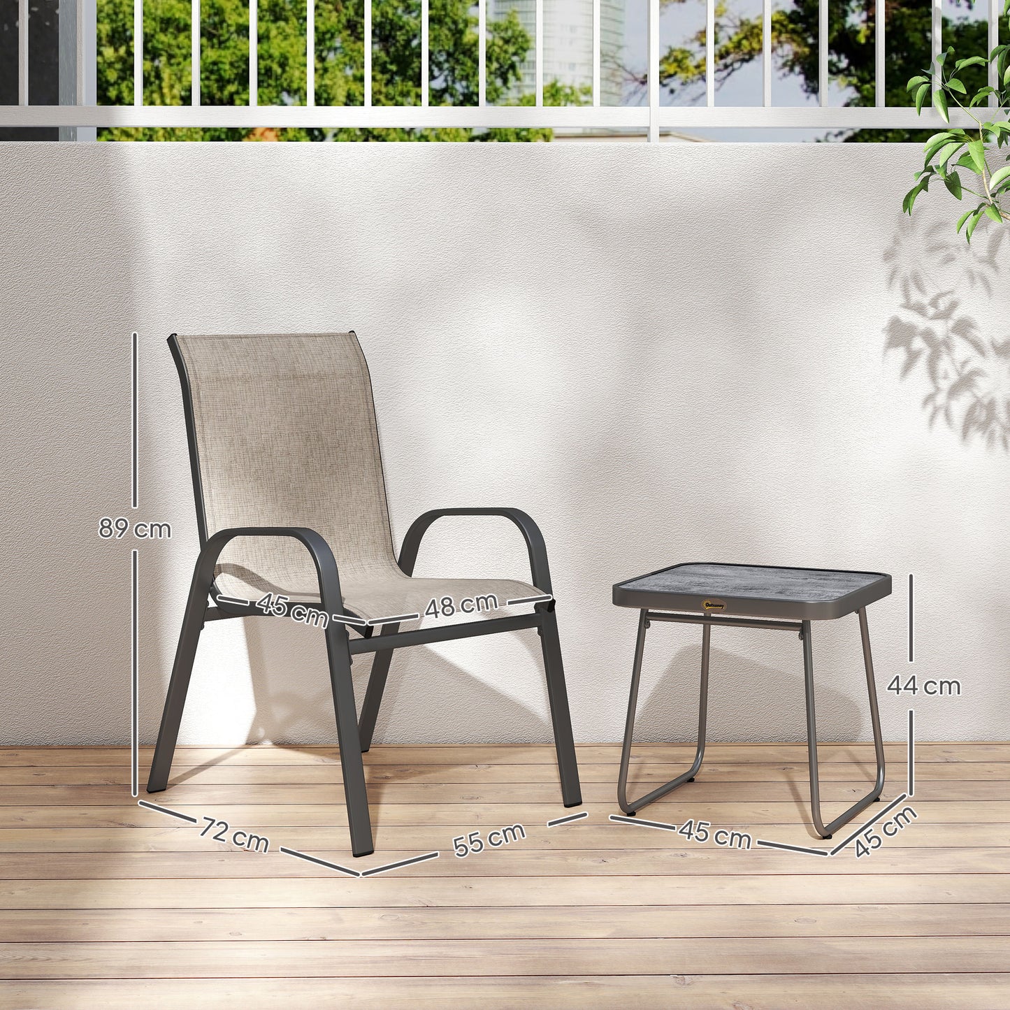 Outsunny 3 Pieces Outdoor Bistro Set, Patio Stackable Armchairs with Breathable Mesh Fabric and SPC Board Coffee Table, Brown