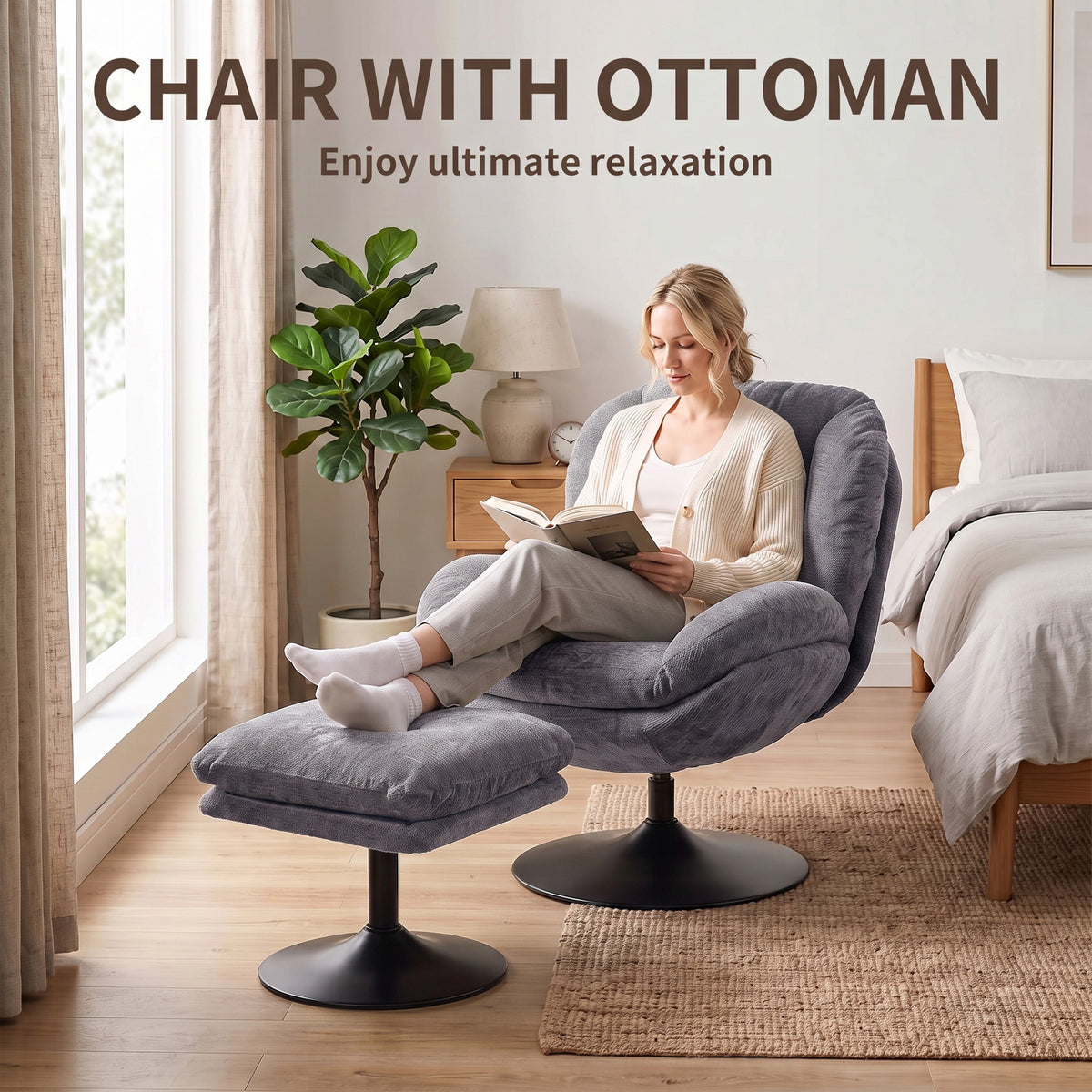 HOMCOM Modern Chenille Lazy Chair with Ottoman, 360Â° Swivel, Upholstered Reading Seat Set for Living Room, Dark Grey