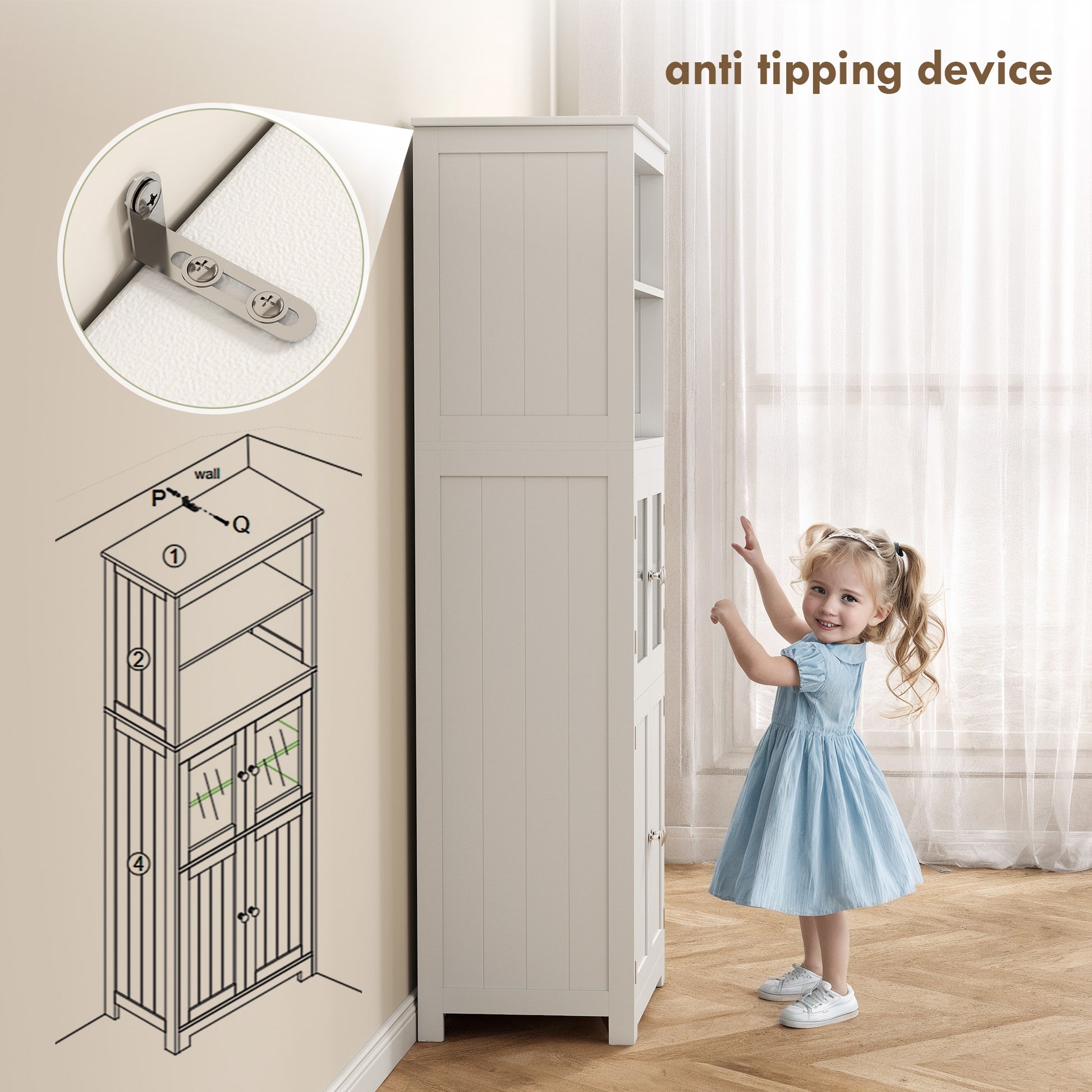 HOMCOM Freestanding Kitchen Cupboard, 4-Door Storage Cabinet with Adjustable Shelf and Glass Doors for Dining Room, Living Room, White