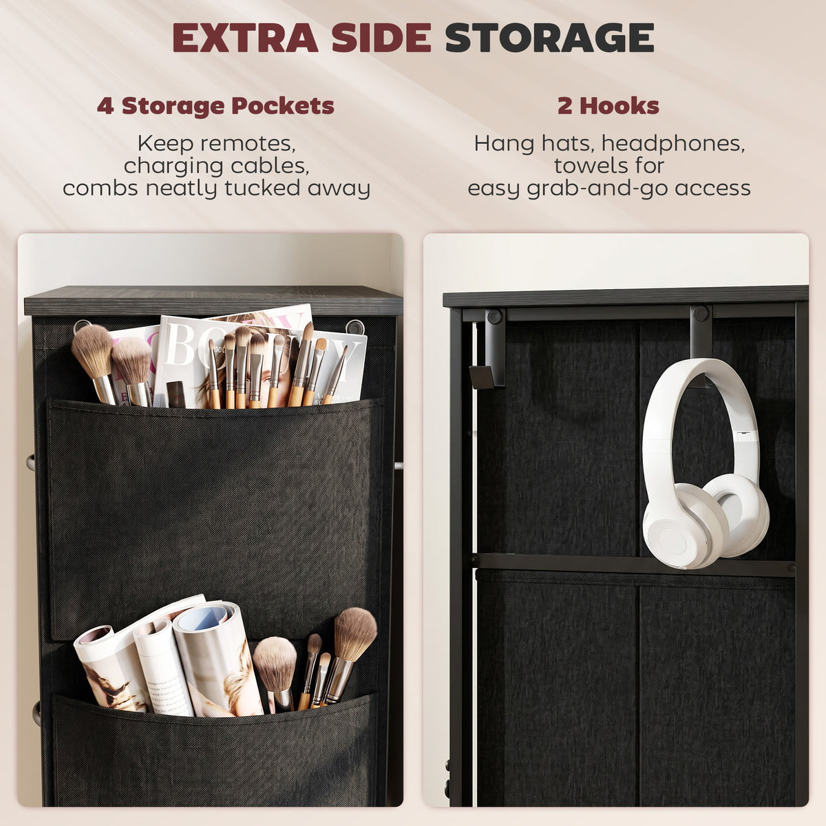 HOMCOM Chest of Drawers, Dresser with 10 Fabric Drawers, Tall Storage Unit with 4 Pockets and 2 Hooks Steel Frame, Black