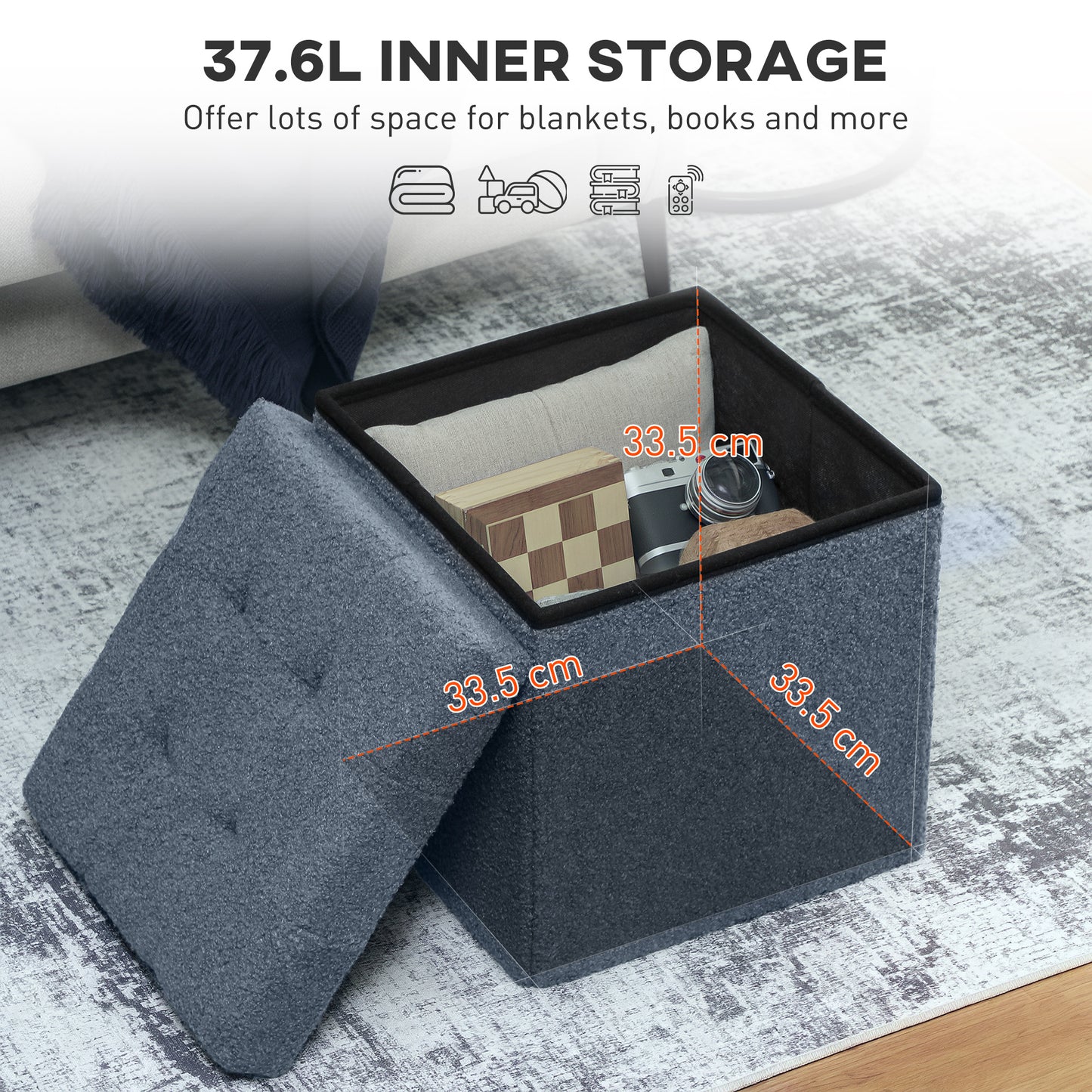 HOMCOM Foldable Sherpa Fleece Storage Ottoman - Blue