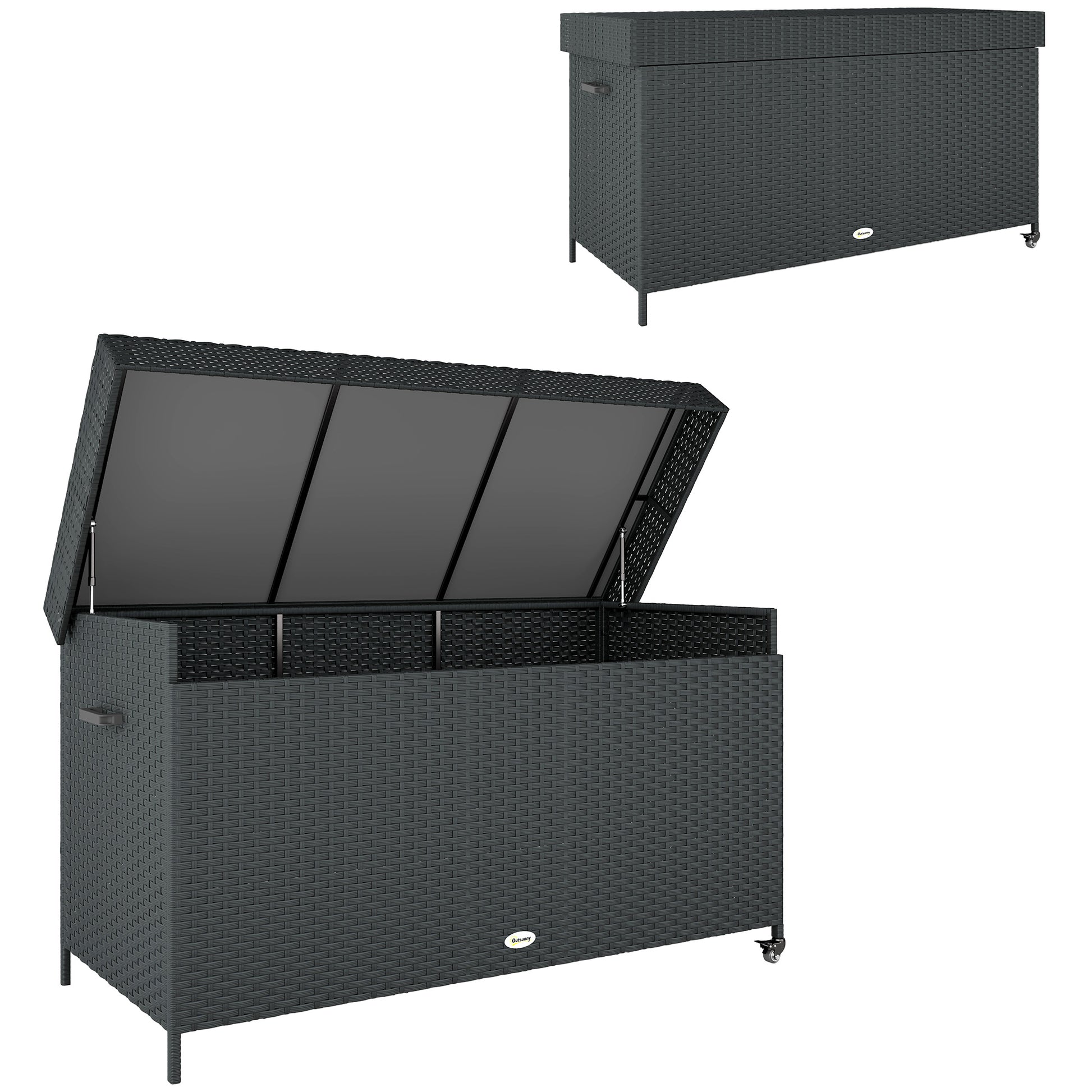Outsunny 627L Rattan Storage Box with 2 Brake Wheels - Black