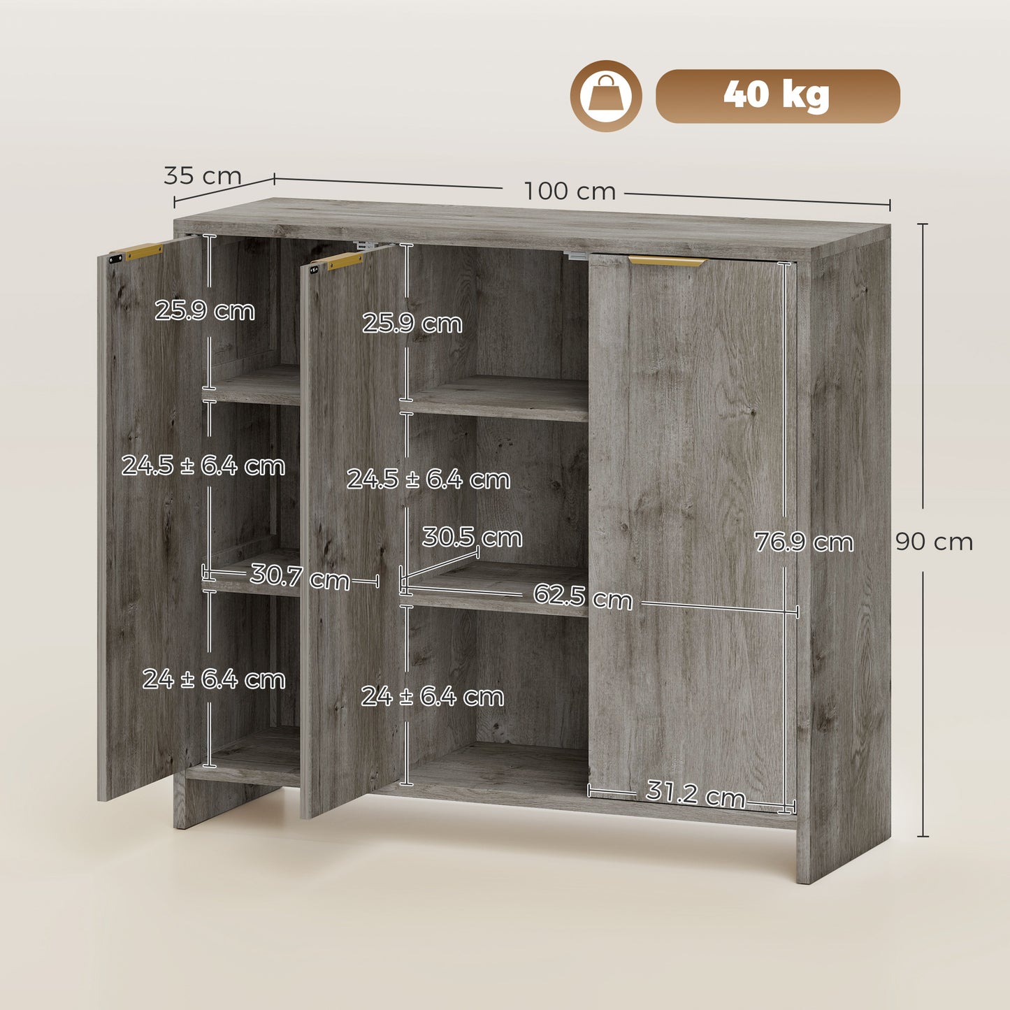 HOMCOM Sideboard Cabinet, Modern Storage Cabinet with 3 Doors and Adjustable Shelves for Living Room, Dining Room, Grey