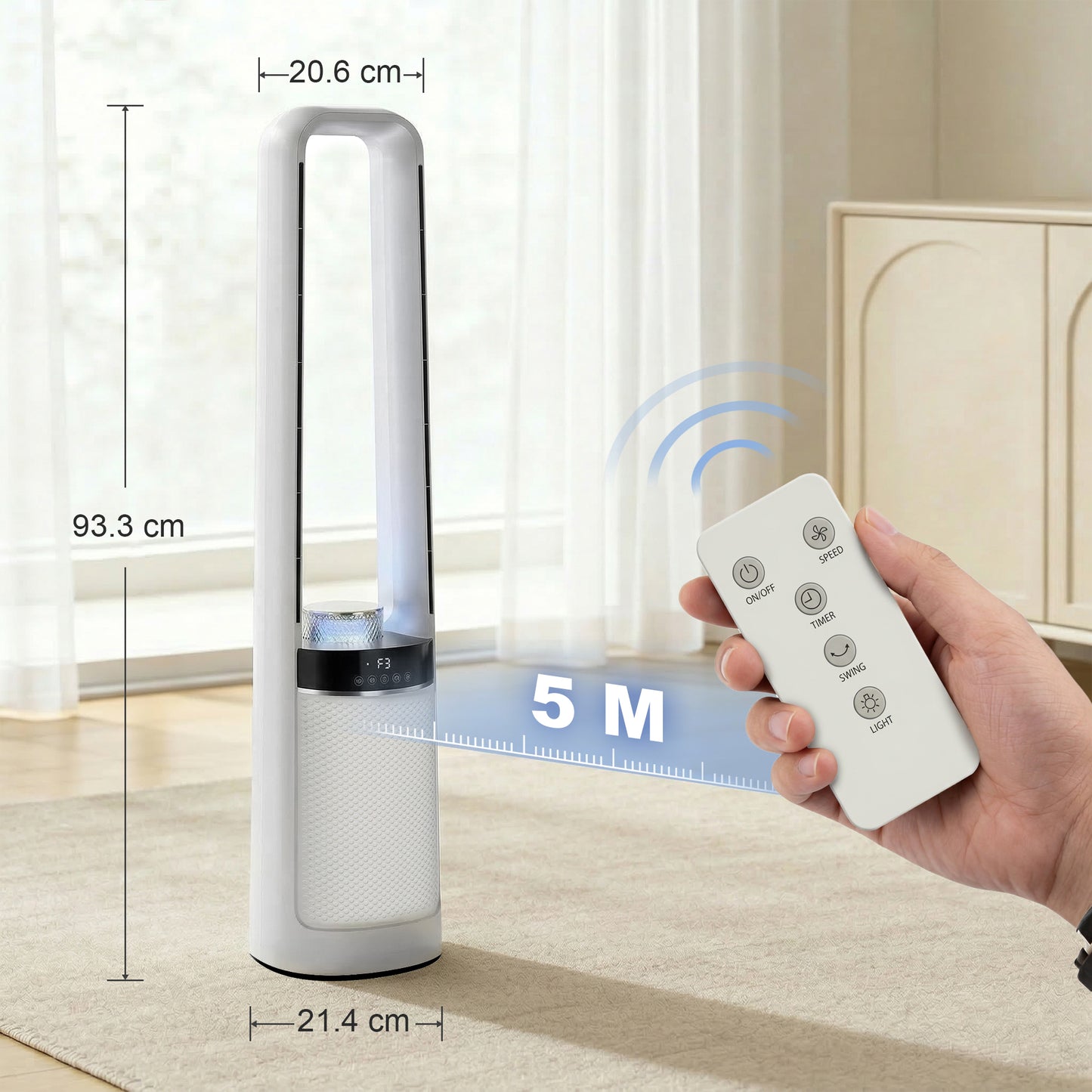 HOMCOM Bladeless Tower Fan, 36dB Standing Cooling Fan with Oscillating, LED Lights, 3 Speeds, 12H Timer, Remote Control