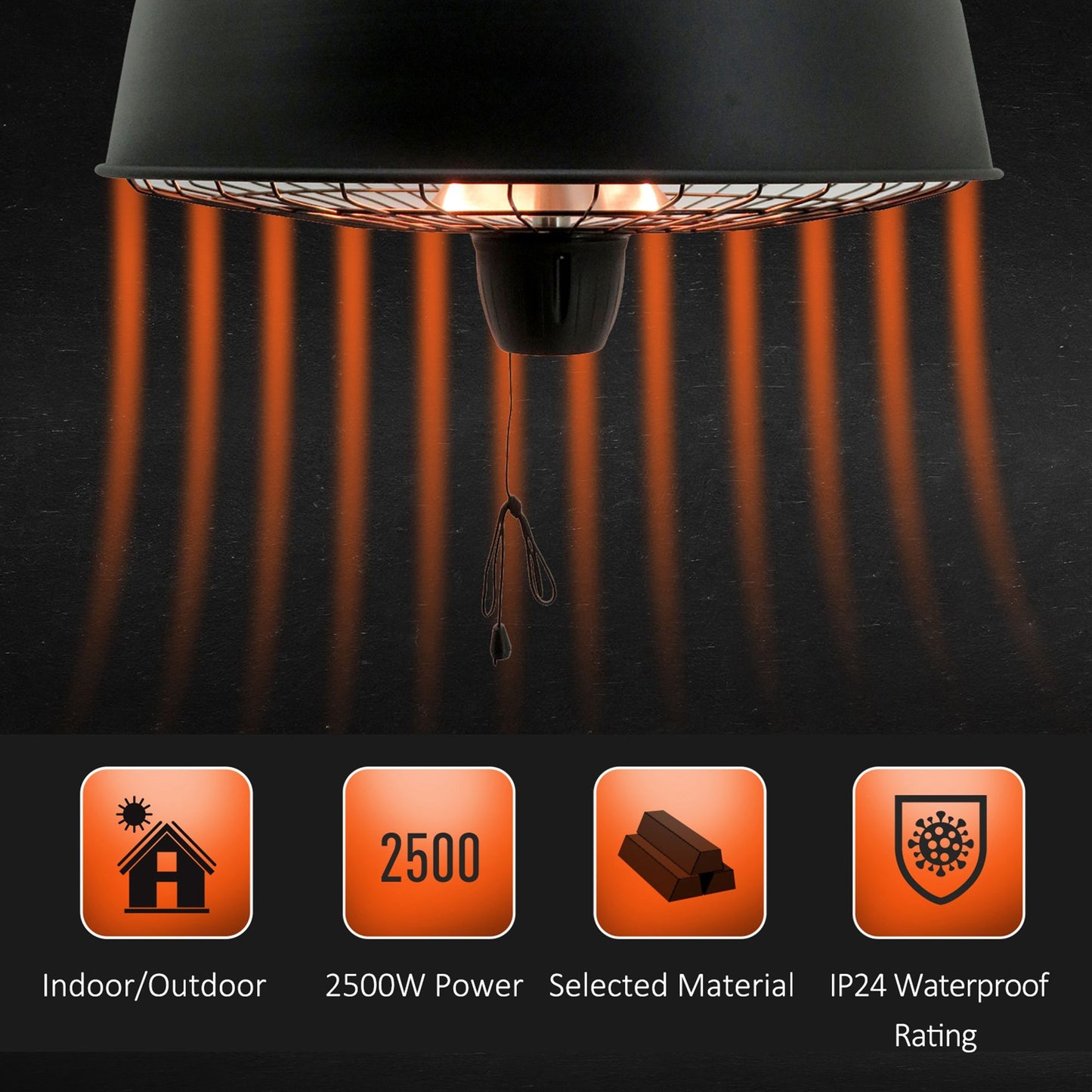 Outsunny Adjustable Power 1000/2500W Infrared Halogen Electric Patio Light Heater, Ceiling Hanging Mount -Black