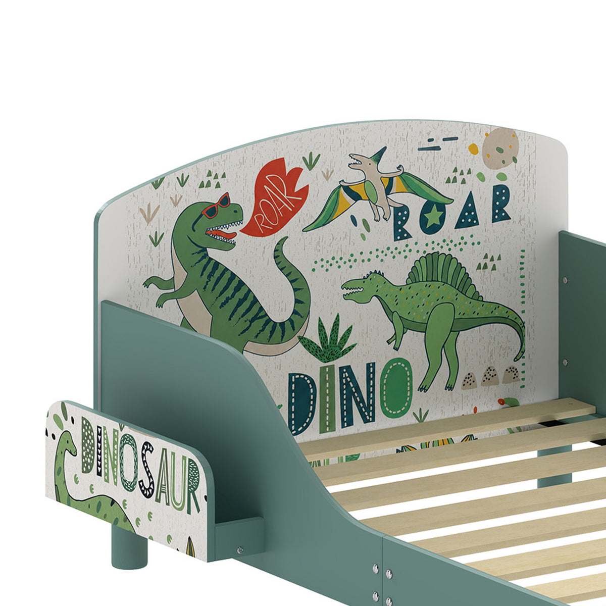 AIYAPLAY Toddler Bed with Bedside Storage and Guard Rails for 3-8, Fits 140 x 70 x 10cm Mattress, Green Dinosaur Print
