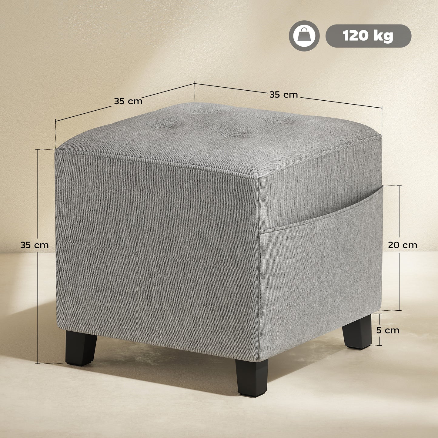 HOMCOM Square Footstool, Small Ottoman with Side Pocket, Linen Fabric Footrest Foot Stool with Rubber Wood Legs and Padded Seat for Living Room, Bedroom, Entryway, 35 x 35 x 35cm, Light Grey