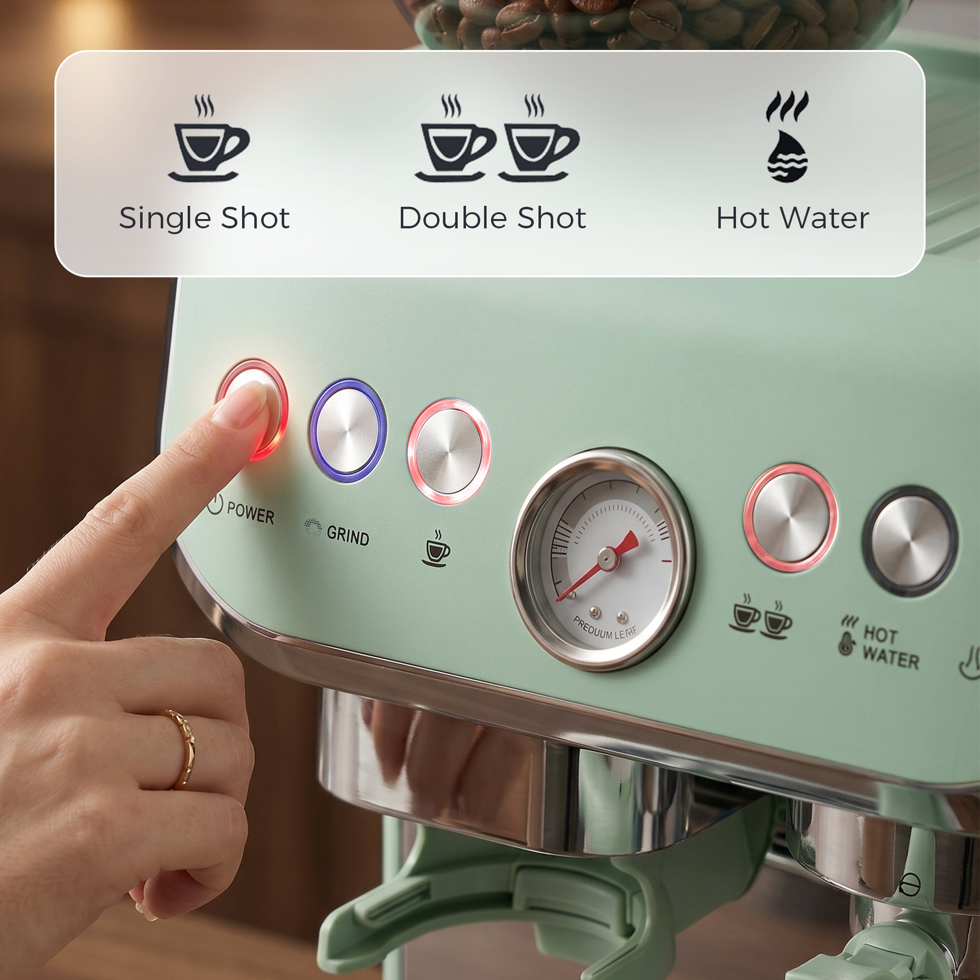 HOMCOM Bean to Cup Coffee Machine, Espresso Machine with Integrated Bean Grinder & Steam Wand, Light Green