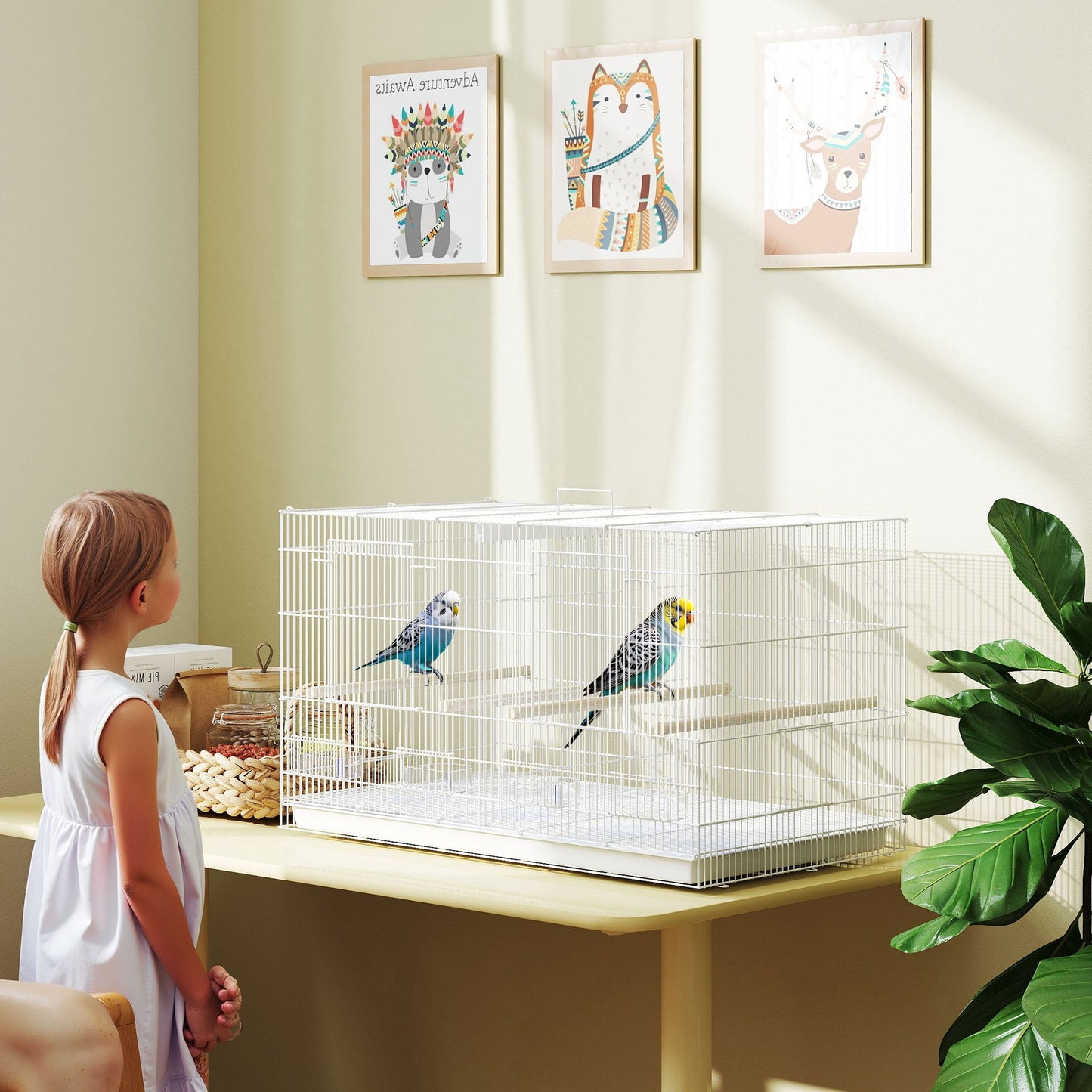 PawHut Bird Cage with Divider, 4 Wooden Perches, Slide Out Tray, 4 Feeders, for Budgie, Lovebird, Canary, 76 x 46 x 46cm, White