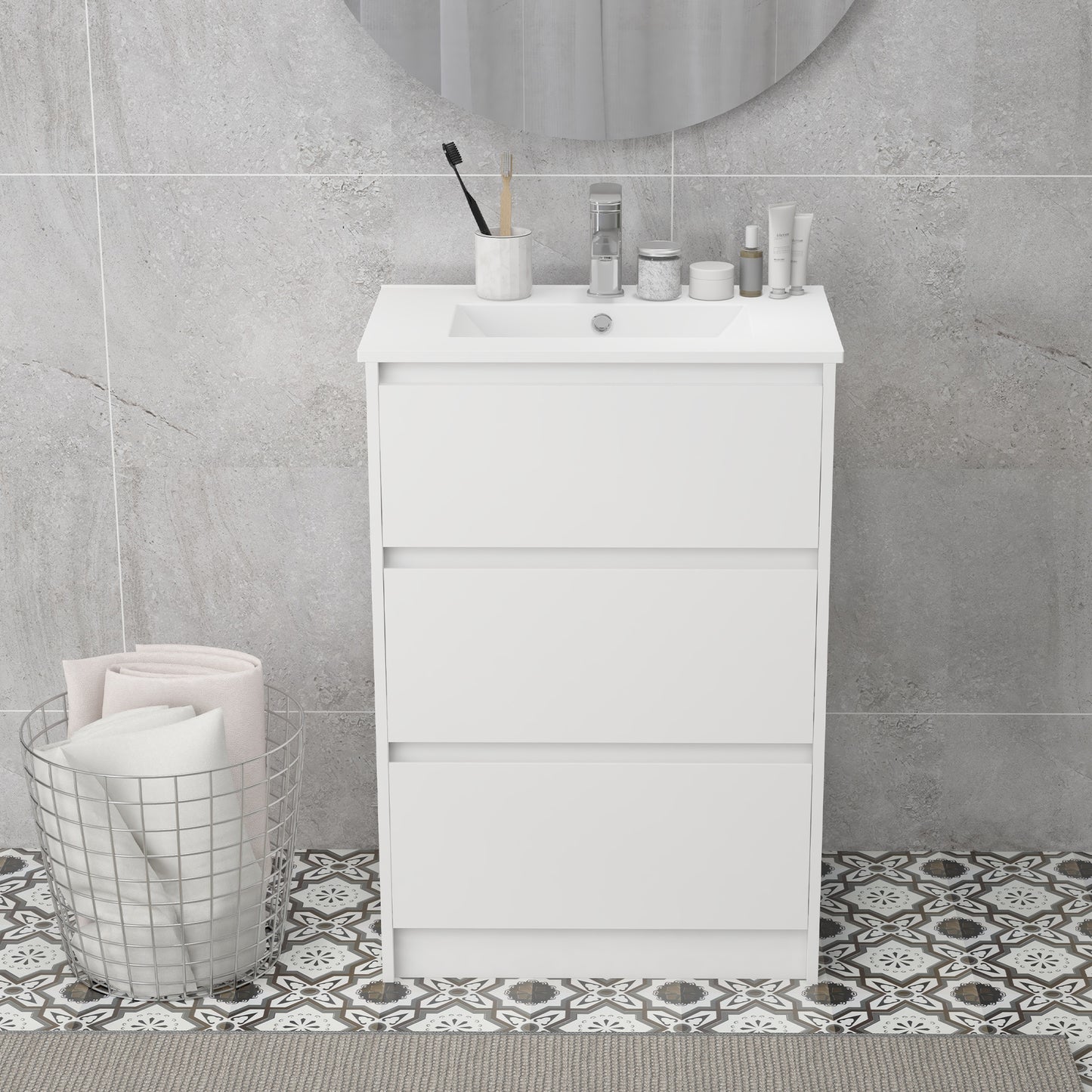 kleankin 600mm Bathroom Vanity Unit with Basin and Single Tap Hole, High Gloss White Floor Standing Bathroom Sink Unit with 2 Drawers for Cloakroom