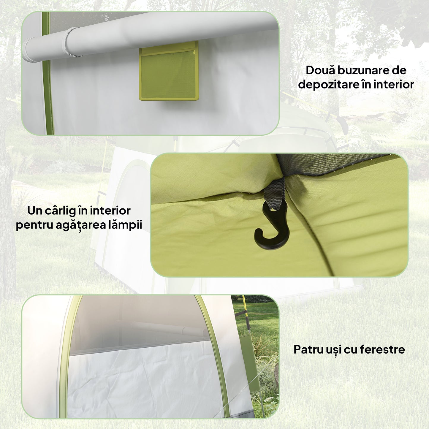 Outsunny Instant Pop Up Camping Tent, 4 Man Dome Tent with 4 Doors, Sewn-in Groundsheet, Carry Bag and Top Hook for Fishing Hiking Festival, Green