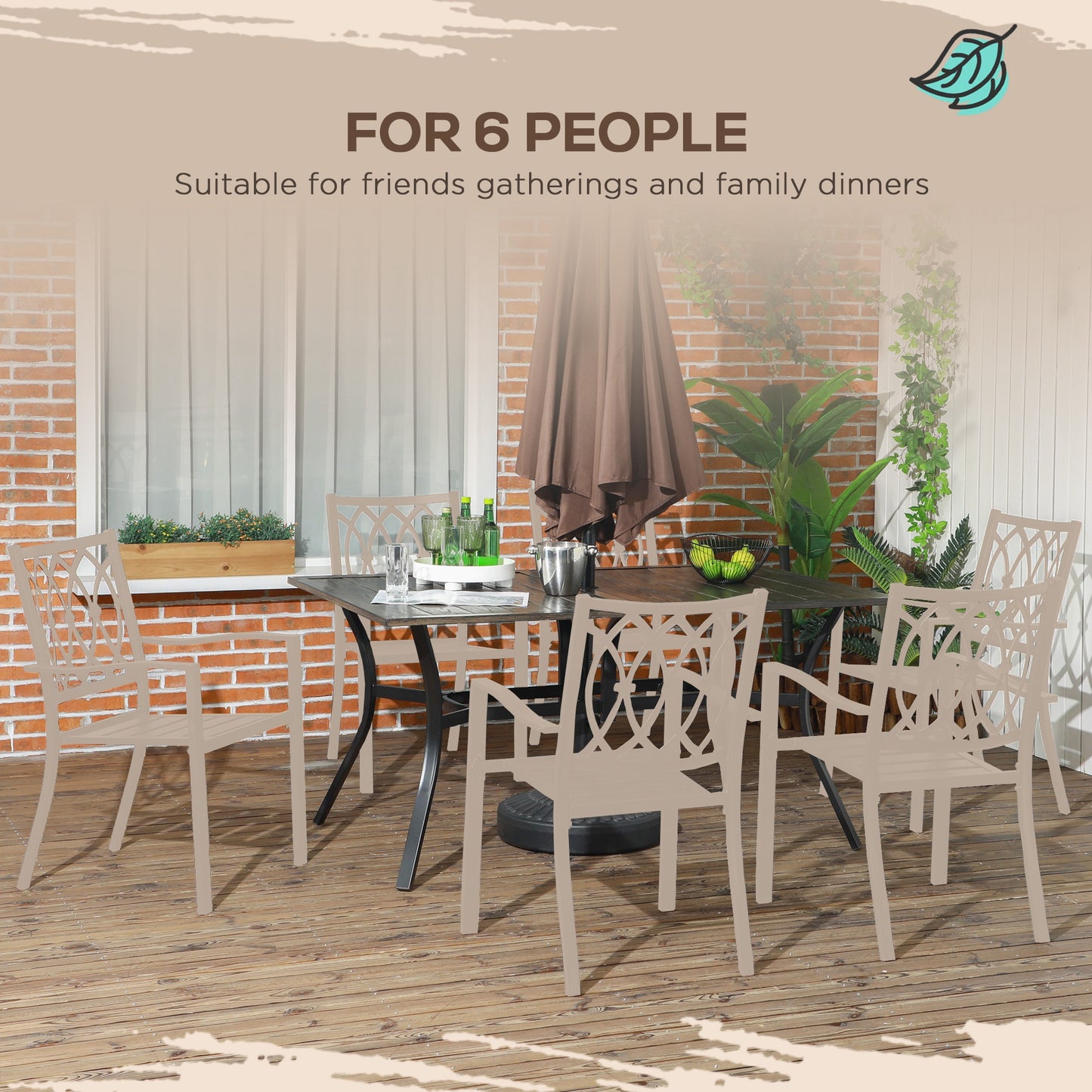 Outsunny Six-Seater Steel Garden Table, with âŒ€41mm Parasol Hole - Wood-Effect