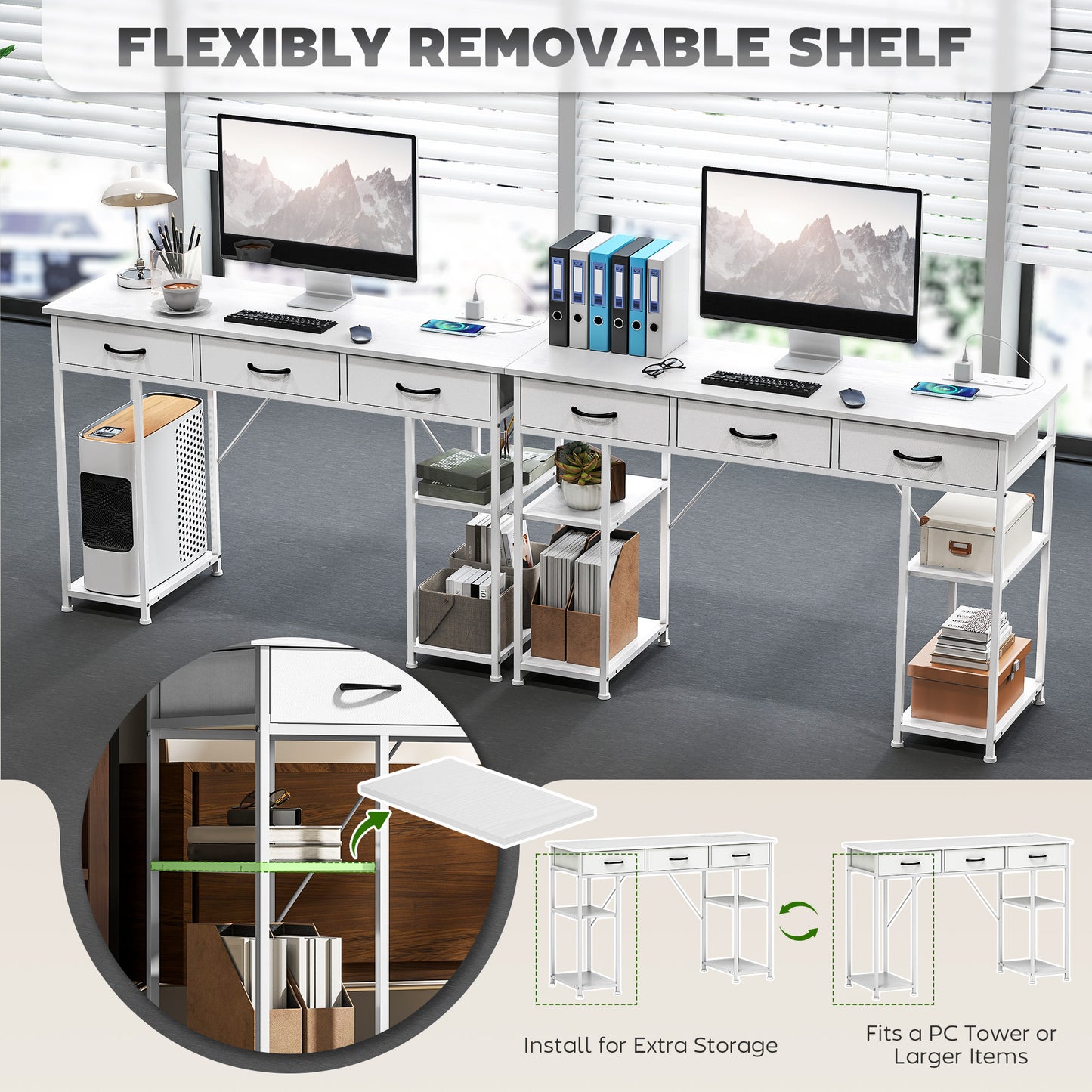 HOMCOM 120cm Computer Desk with Power Outlets, Office Desk Study Table with 3 Fabric Drawers and 4 Storage Shelves, White