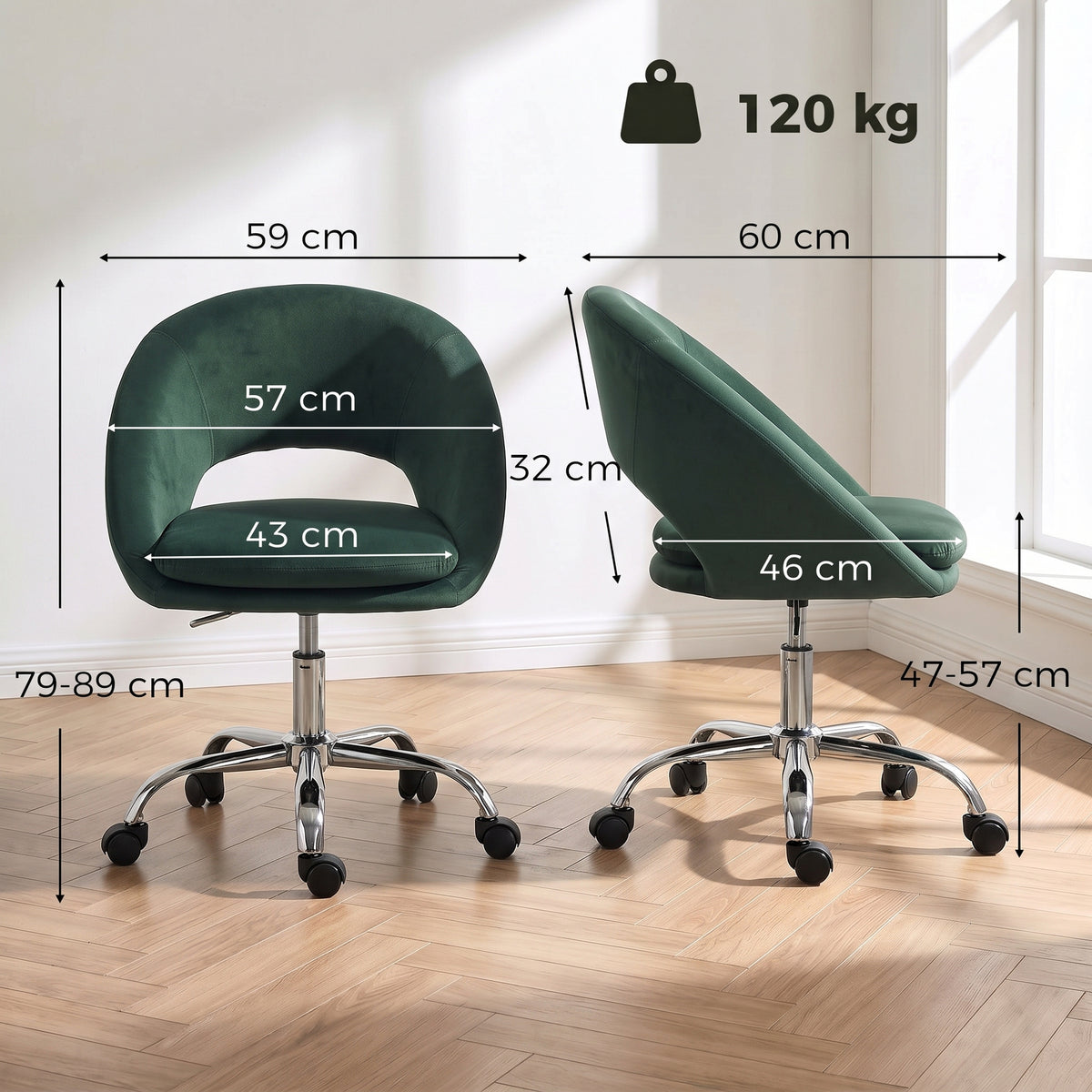 HOMCOM Velvet Desk Chair, Modern Office Chair with Height-Adjustable, Wheels, for Home Study Bedroom, Dark Green