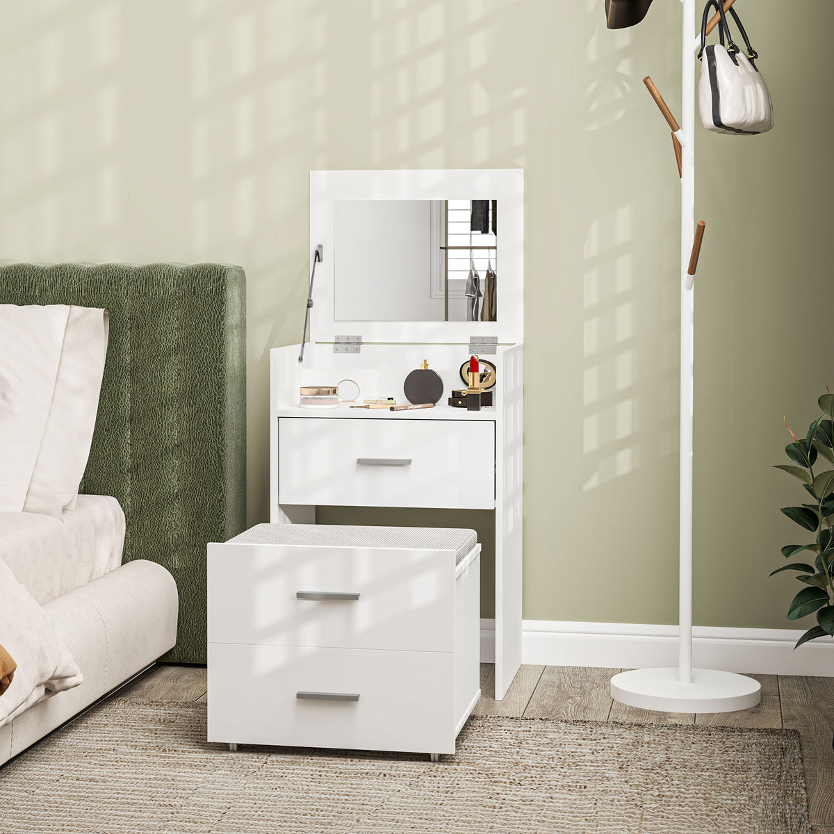 HOMCOM Vanity Desk with Mirror, Modern Dressing Table and Stool w/2 Drawers, Wheels, Flip-Up Mirror, Shelf, White
