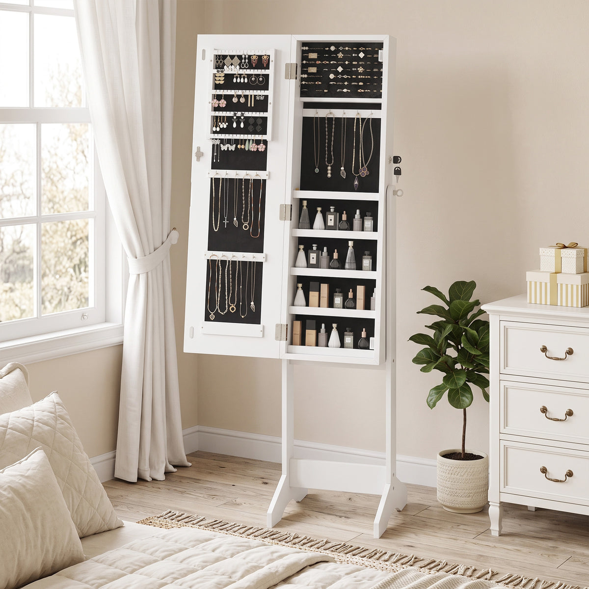 HOMCOM Mirror Jewelry Cabinet with LED Light, Freestanding Lockable Full Length Mirror with Storage, 3 Angles Adjustable, White